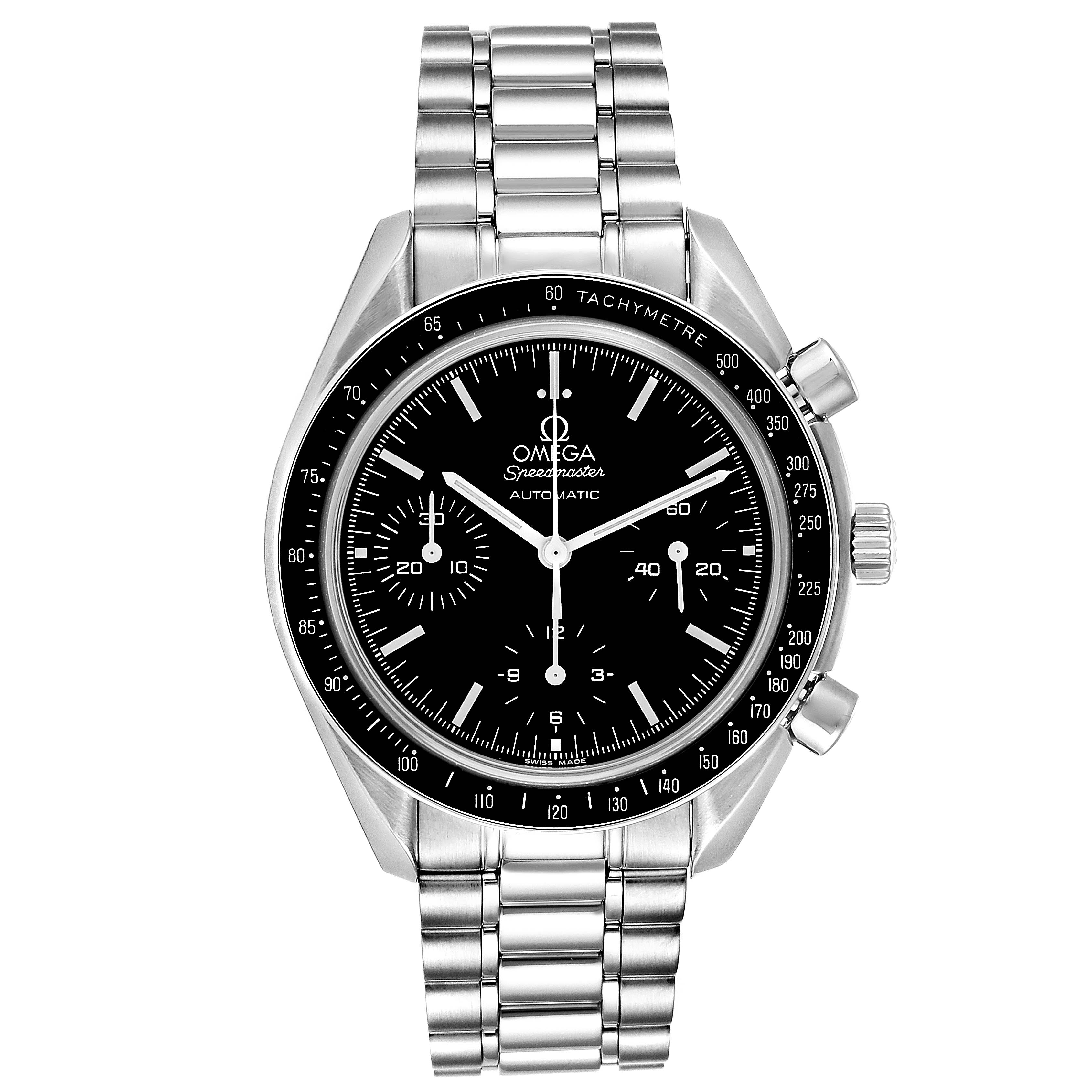 The image shows a front view of an Omega Speedmaster 3539.50.00 Men
s Stainless Steel Black Dial 3539.50.00 Men
s Stainless Steel Black Dial watch, highlighting its black dial, tachymeter bezel, chronograph subdials, and metal bracelet.