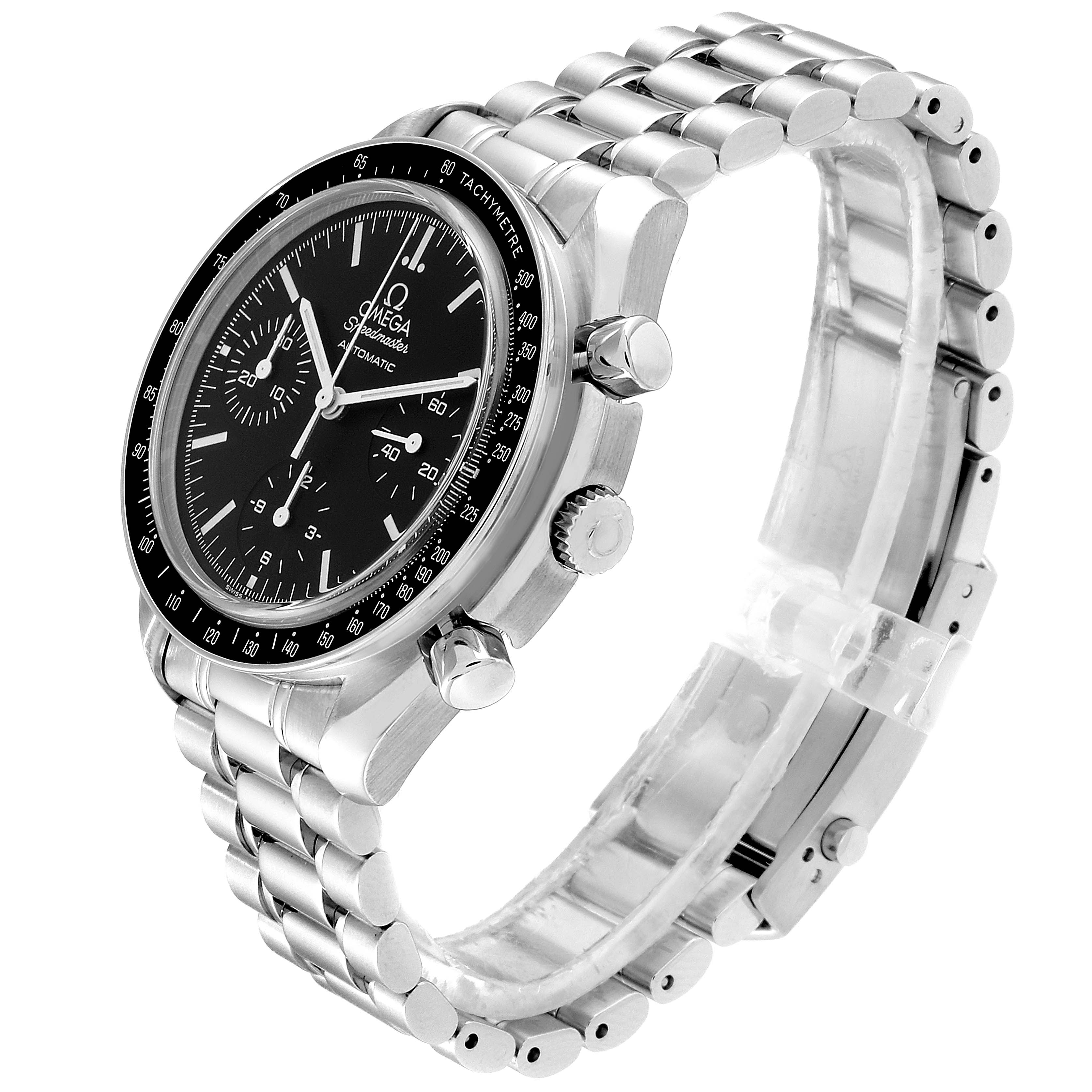 The image shows an Omega Speedmaster 3539.50.00 Men
s Stainless Steel Black Dial 3539.50.00 Men
s Stainless Steel Black Dial watch from an angled side view, highlighting its face, bezel, crown, pushers, and steel bracelet.