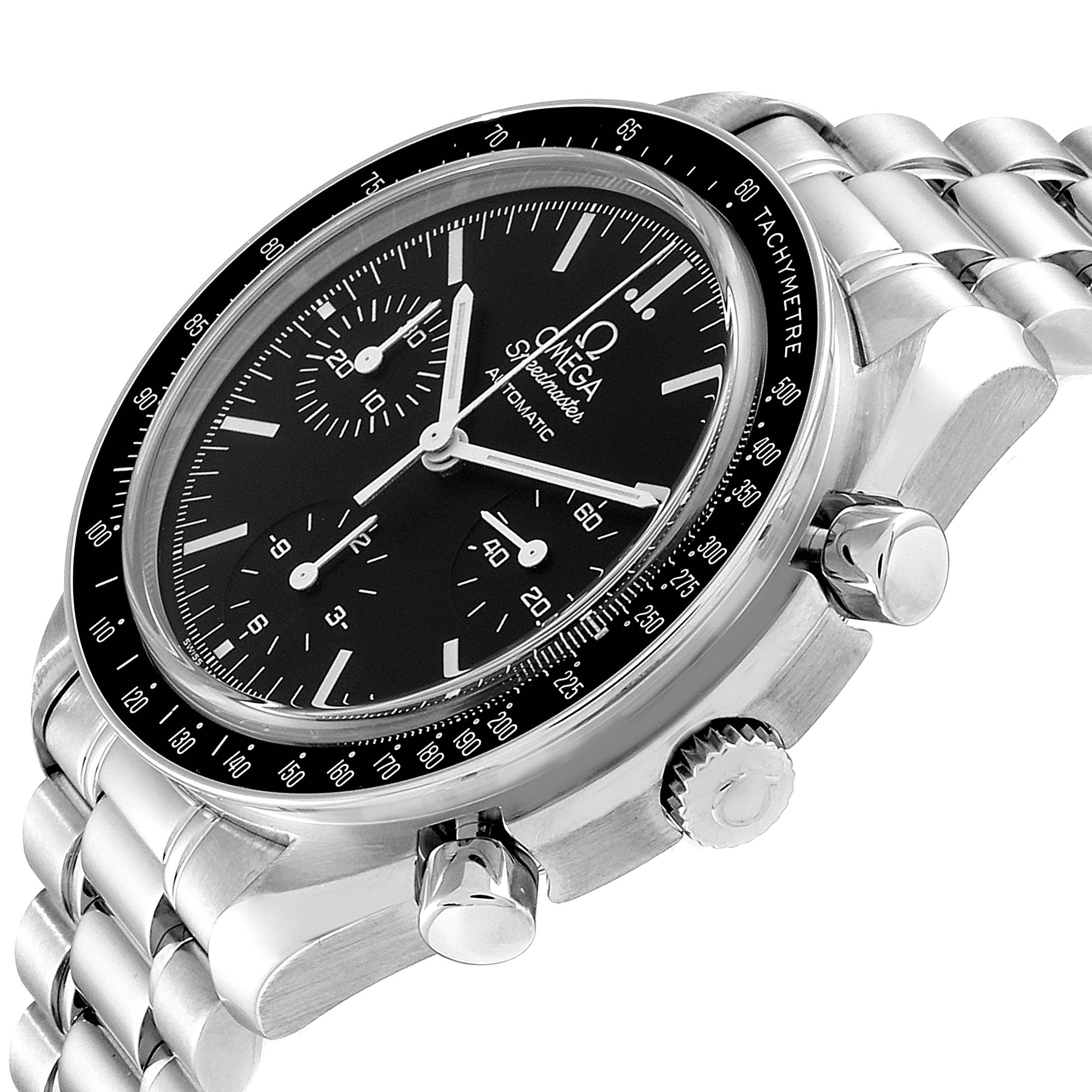 The image shows a side angle of the Omega Speedmaster 3539.50.00 Men
s Stainless Steel Black Dial 3539.50.00 Men
s Stainless Steel Black Dial watch, displaying the dial, bezel, crown, and pushers.