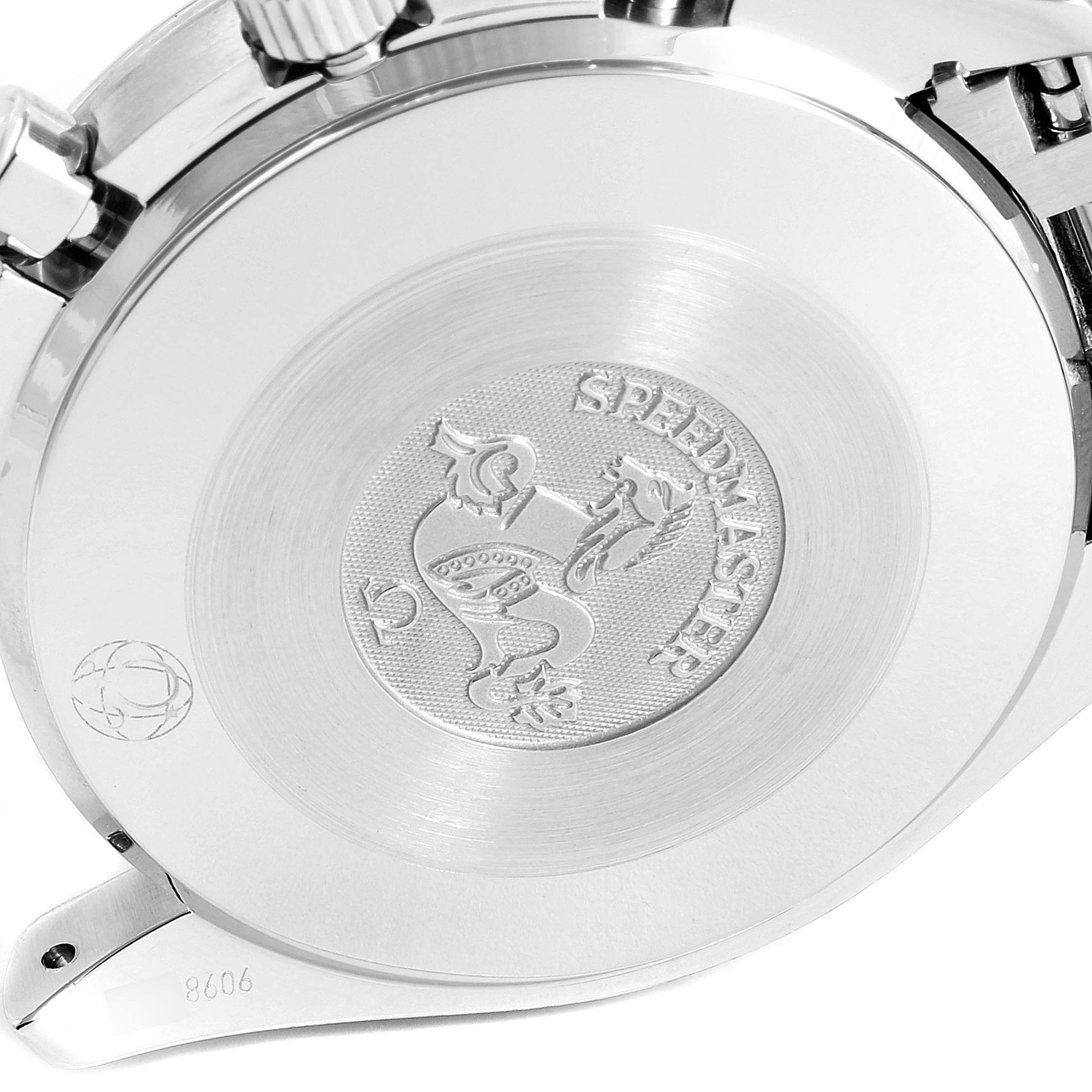 The image shows the case back of an Omega Speedmaster 3539.50.00 Men
s Stainless Steel Black Dial 3539.50.00 Men
s Stainless Steel Black Dial watch, highlighting its emblem and engraved text.