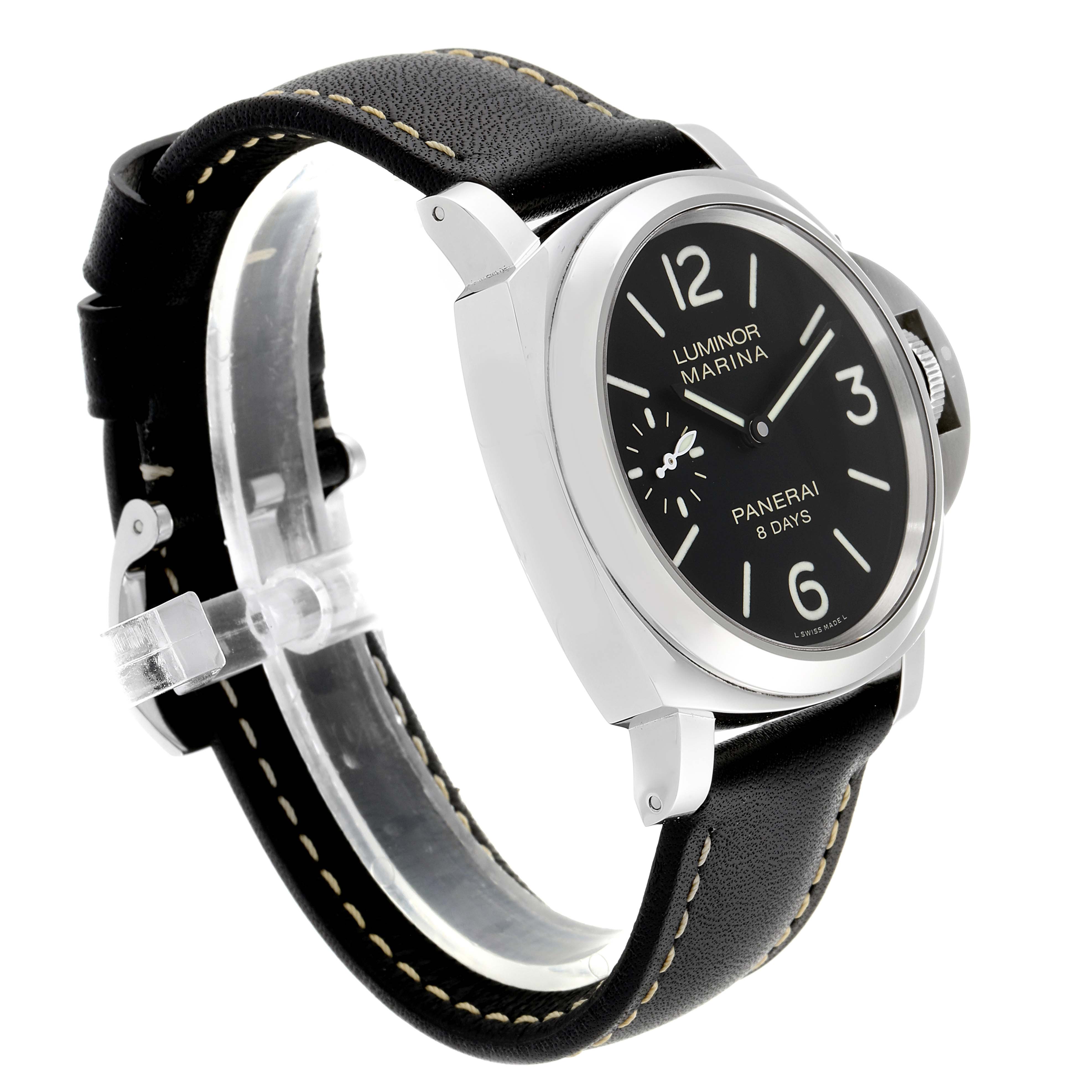 This image shows a side angle view of the Panerai Luminor PAM00510 Men
s Stainless Steel Black Dial PAM00510 Men
s Stainless Steel Black Dial model watch, highlighting the face, case, and leather strap.