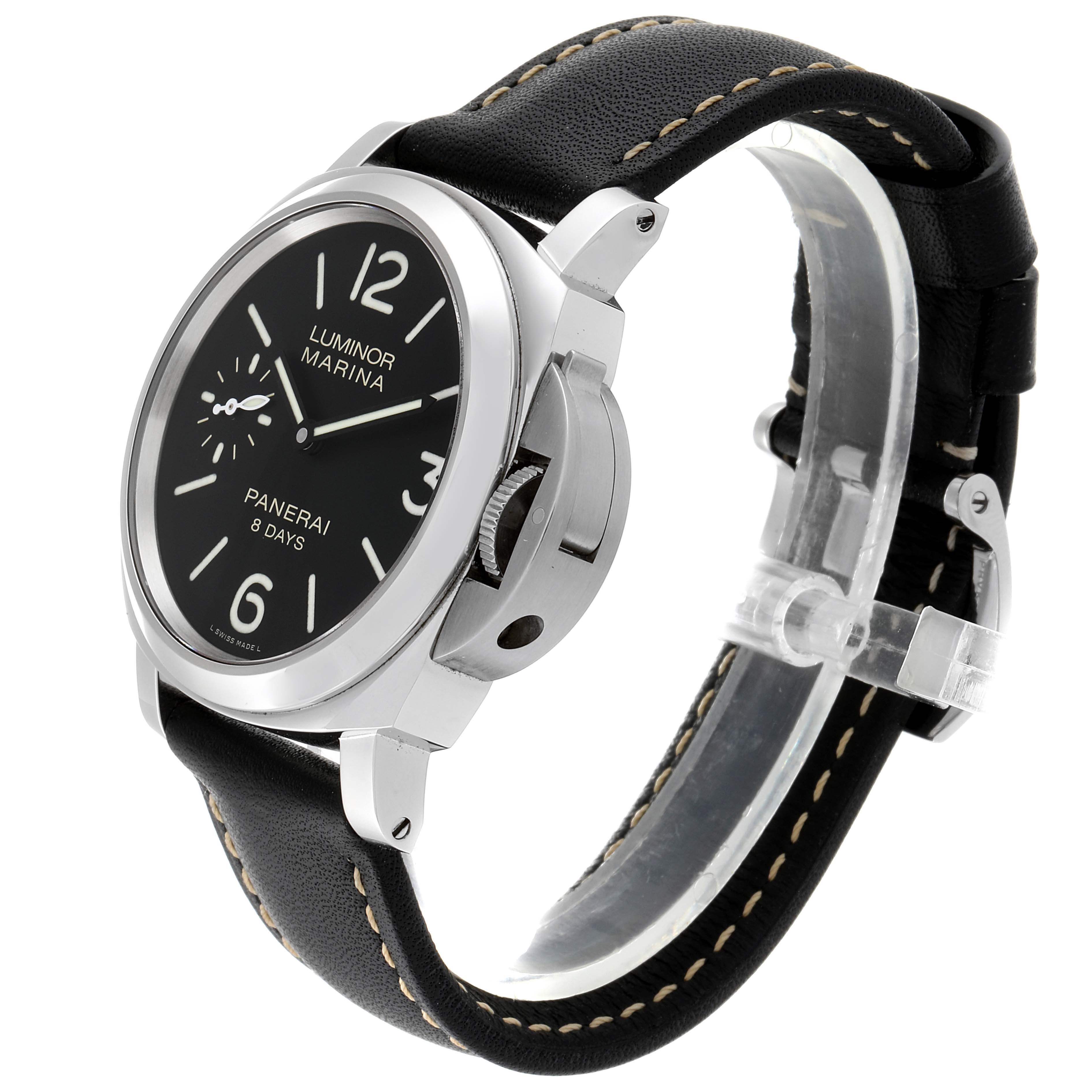 The image shows a Panerai Luminor PAM00510 Men
s Stainless Steel Black Dial PAM00510 Men
s Stainless Steel Black Dial Marina watch angled to display the face, crown guard, and leather strap.