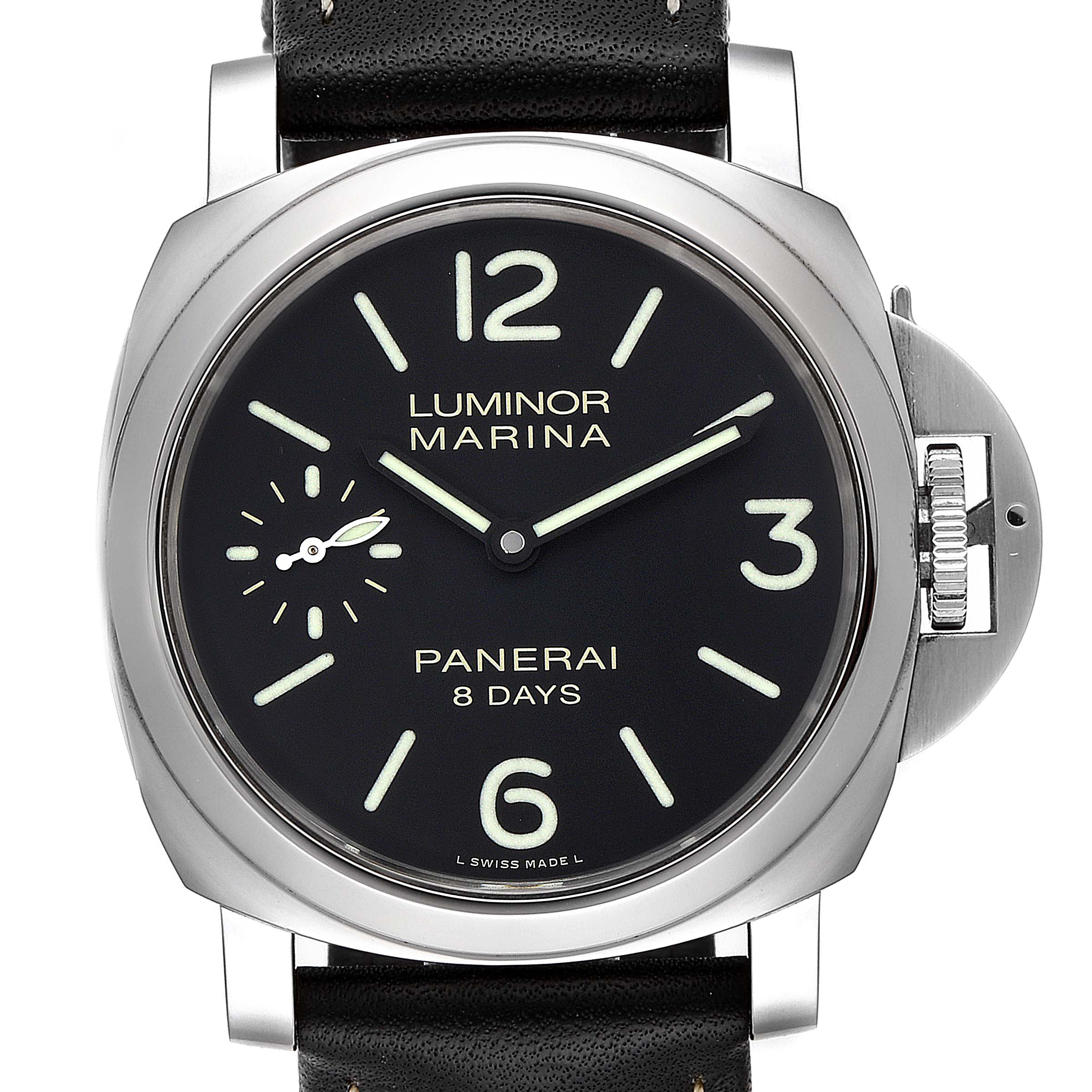 The image shows a front view of a Panerai Luminor PAM00510 Men
s Stainless Steel Black Dial PAM00510 Men
s Stainless Steel Black Dial Marina 8 Days watch, displaying its black dial, hour markers, and protective crown guard.