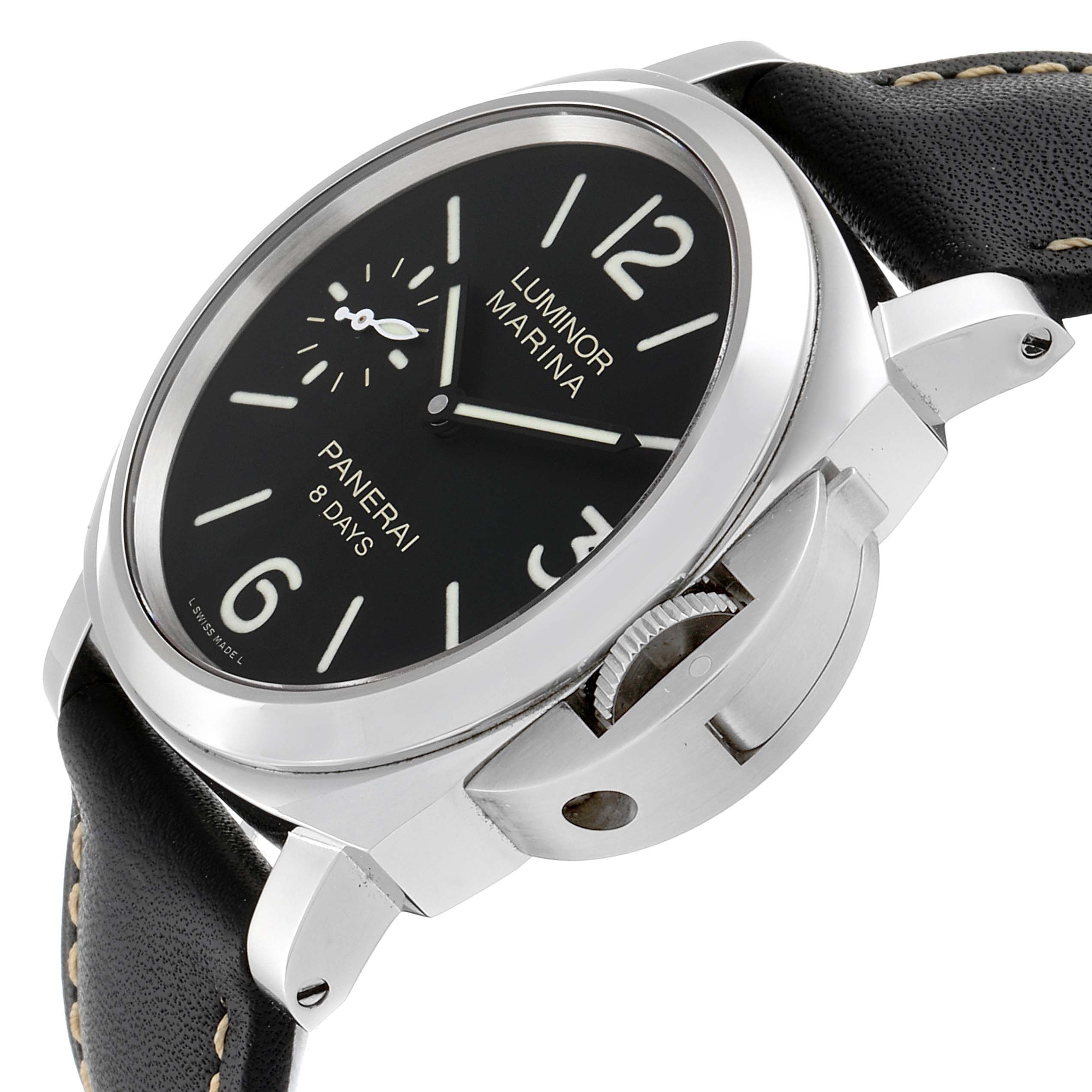 The Panerai Luminor PAM00510 Men
s Stainless Steel Black Dial PAM00510 Men
s Stainless Steel Black Dial watch is shown at an angle, highlighting the face, crown, and black leather strap.