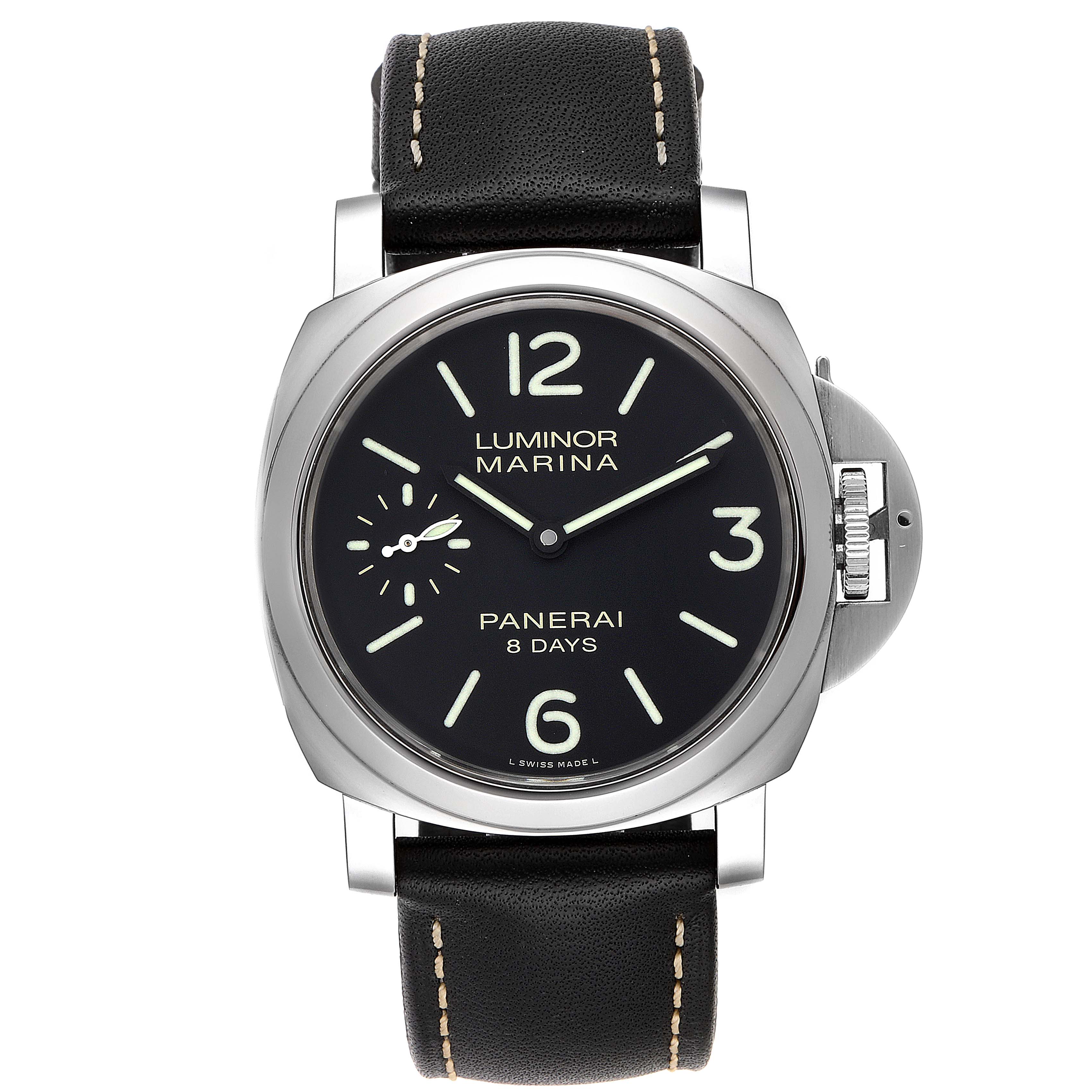 This image shows a front view of the Panerai Luminor PAM00510 Men
s Stainless Steel Black Dial PAM00510 Men
s Stainless Steel Black Dial Marina wristwatch, highlighting the dial, case, and strap.