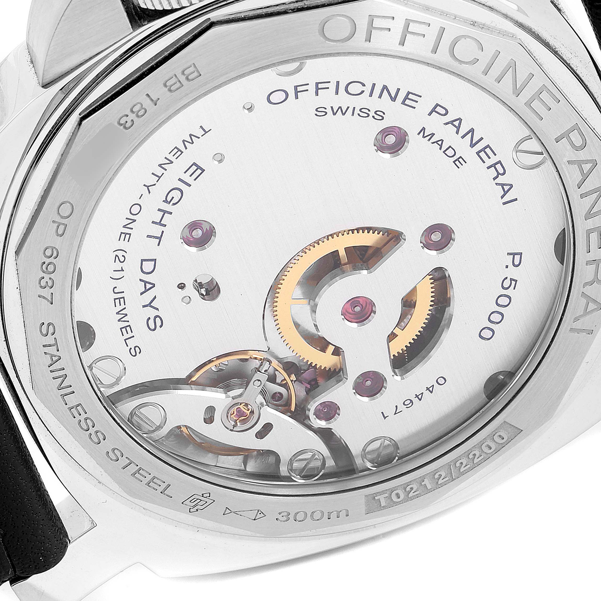 This image shows the back of a Panerai Luminor PAM00510 Men
s Stainless Steel Black Dial PAM00510 Men
s Stainless Steel Black Dial watch, highlighting its movement and internal mechanism details.