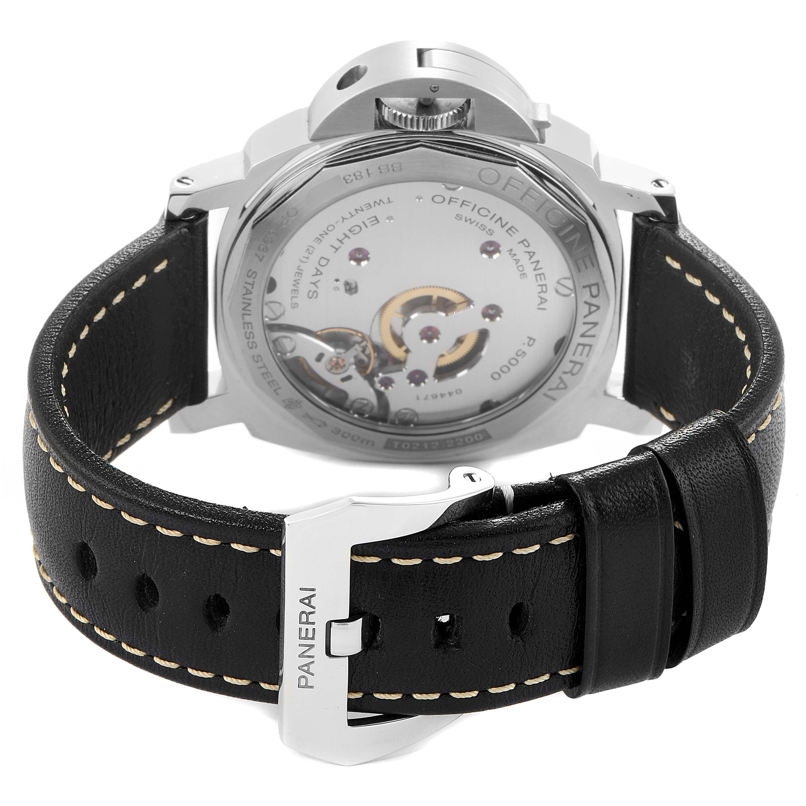 The image shows the back view of a Panerai Luminor PAM00510 Men
s Stainless Steel Black Dial PAM00510 Men
s Stainless Steel Black Dial watch, highlighting the movement and leather strap.