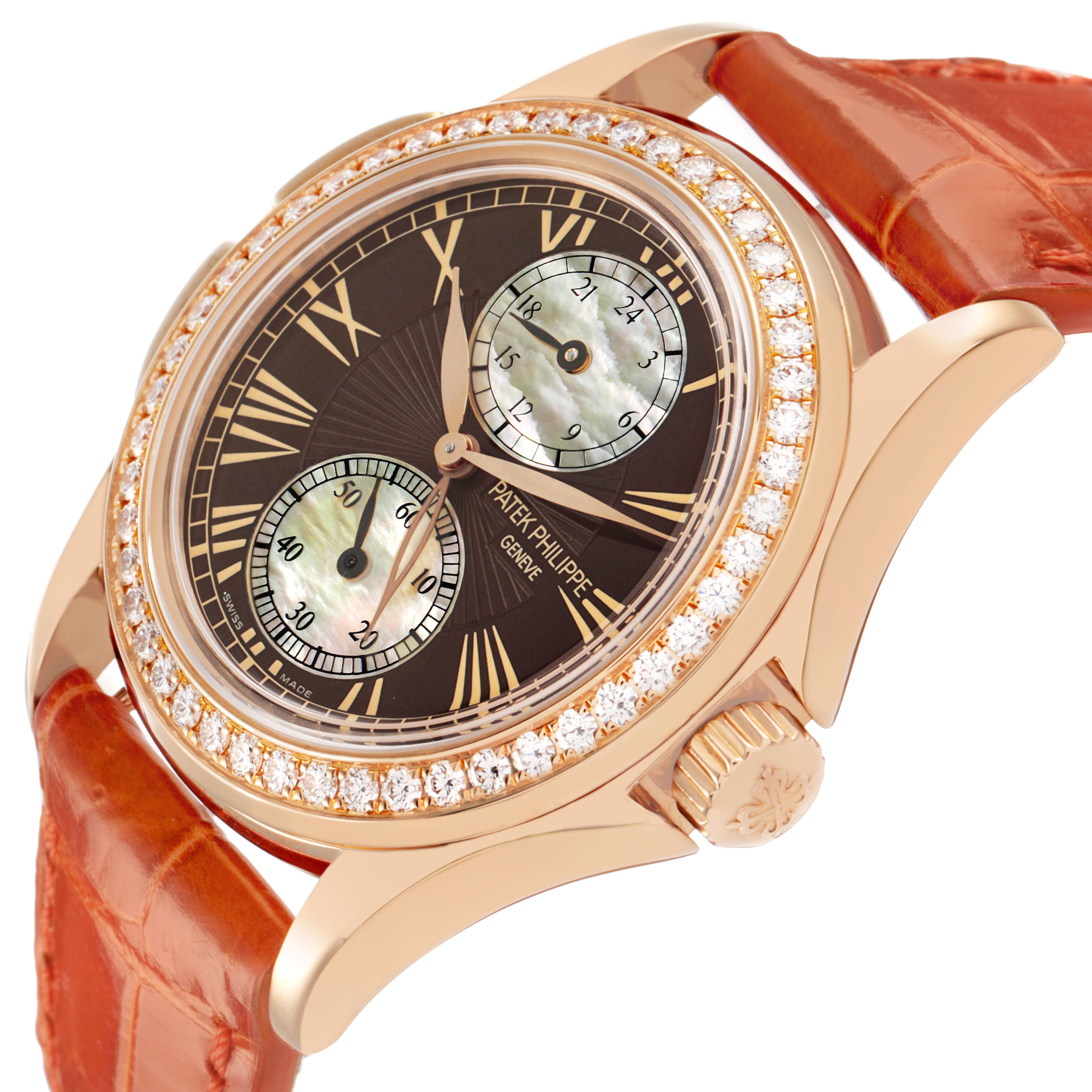 The Patek Philippe Calatrava 4934R-001 Women's Rose Gold Brown Dial watch is shown at an angle highlighting the face, bezel, and leather strap.