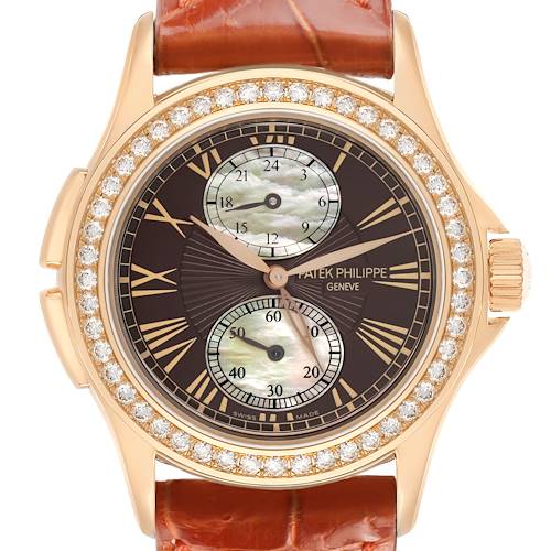 The Patek Philippe Calatrava 4934R-001 Women's Rose Gold Brown Dial watch is shown from a front angle, displaying its dial, bezel, and part of the strap.
