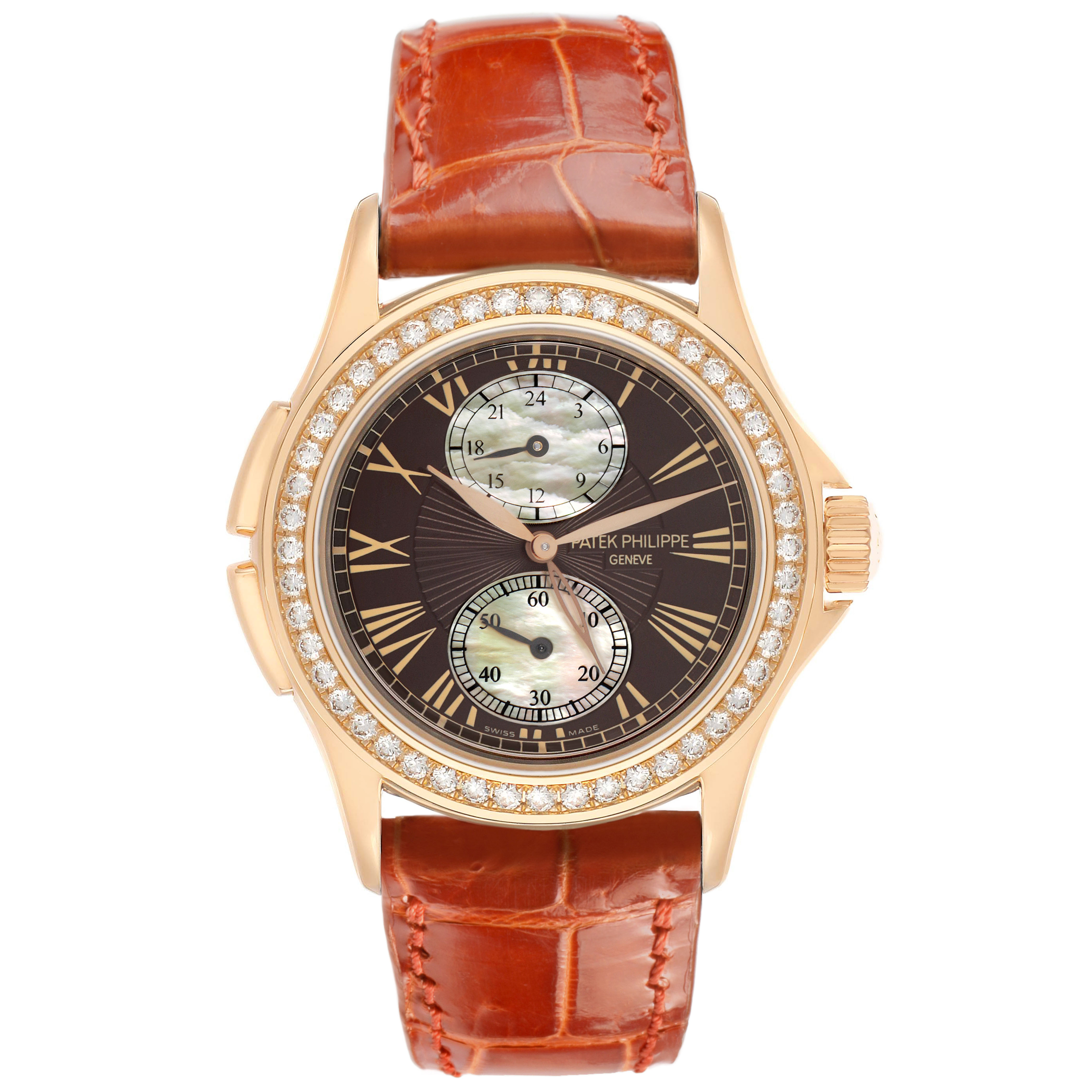 The Patek Philippe Calatrava 4934R-001 Women's Rose Gold Brown Dial watch is shown from the front, displaying its brown dial, diamond bezel, subdials, and brown leather strap.