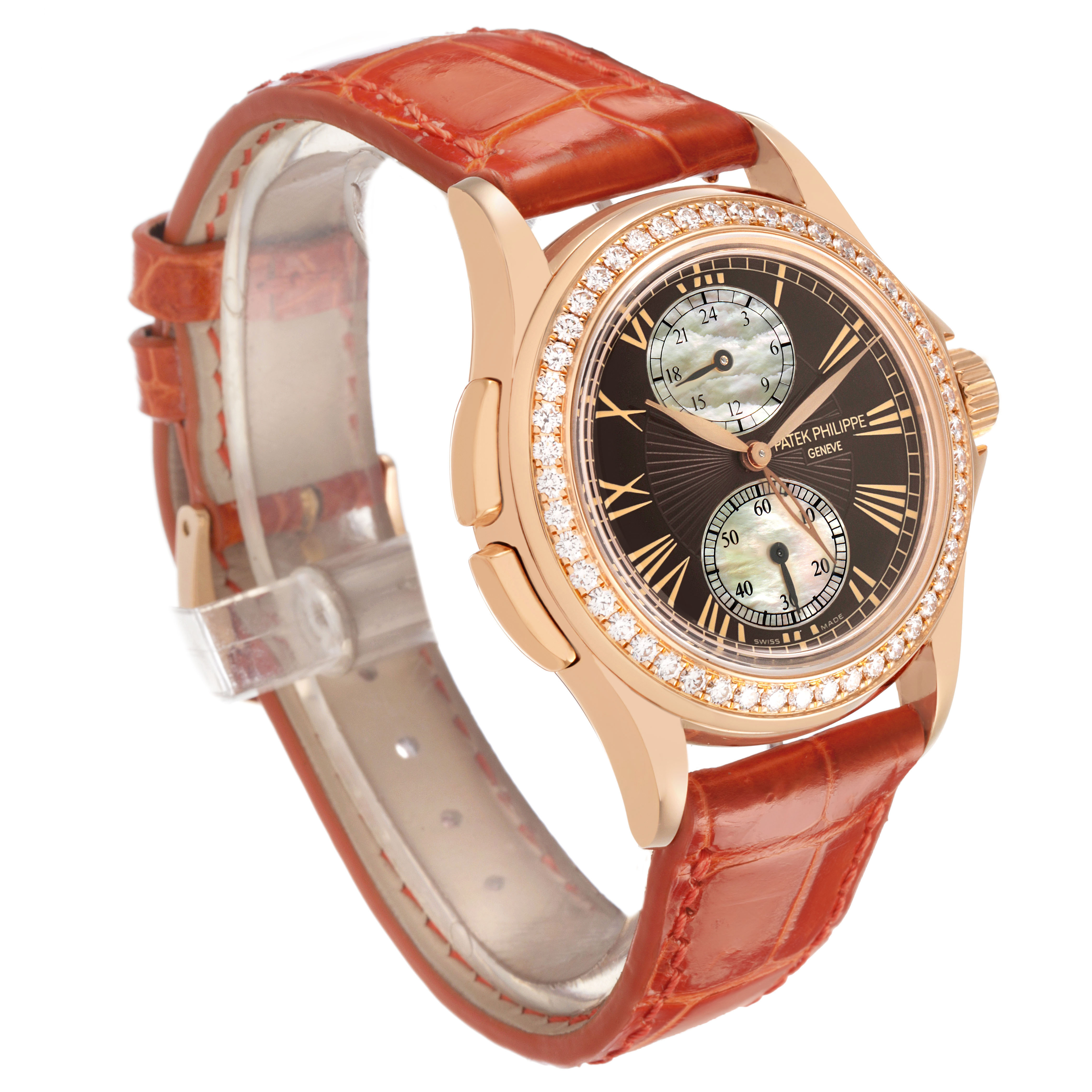 The Patek Philippe Calatrava 4934R-001 Women's Rose Gold Brown Dial watch is shown at an angle highlighting its face, bezel, and leather strap.