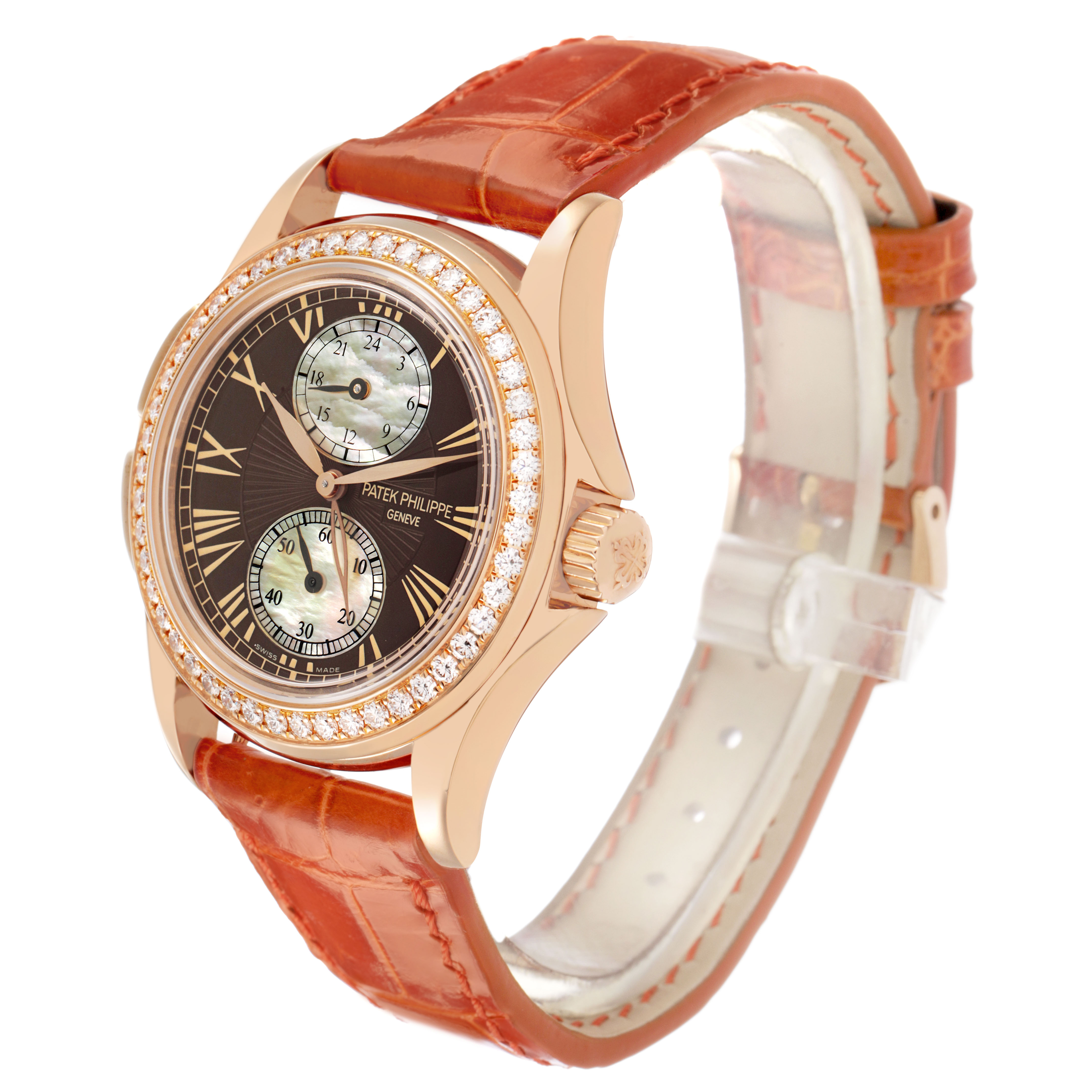 The Patek Philippe Calatrava 4934R-001 Women's Rose Gold Brown Dial watch is shown from a 3/4 angle, highlighting the face, bezel, crown, and leather strap.