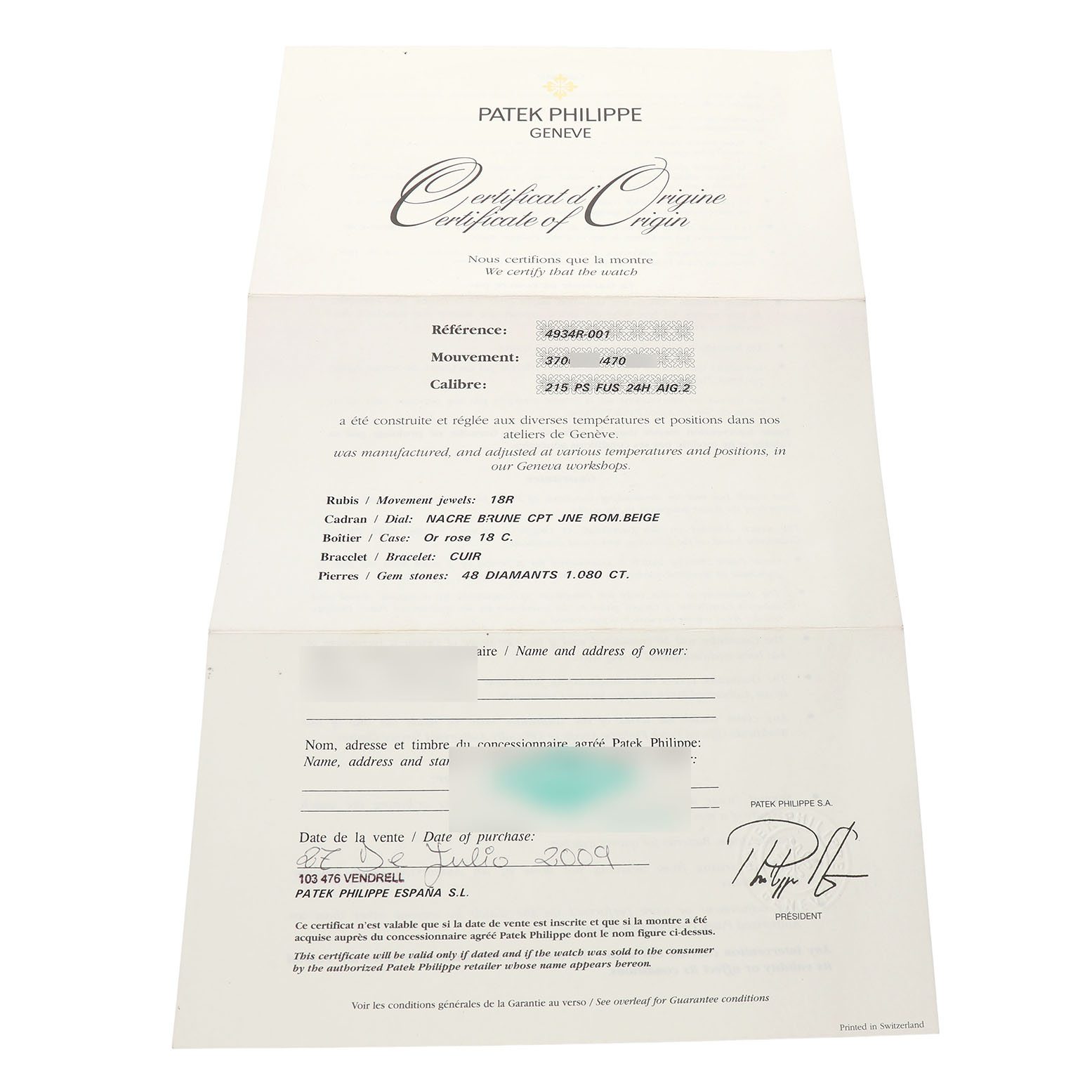 This image shows the Certificate of Origin for a Patek Philippe Calatrava 4934R-001 Women's Rose Gold Brown Dial watch, displaying its details and specifications.