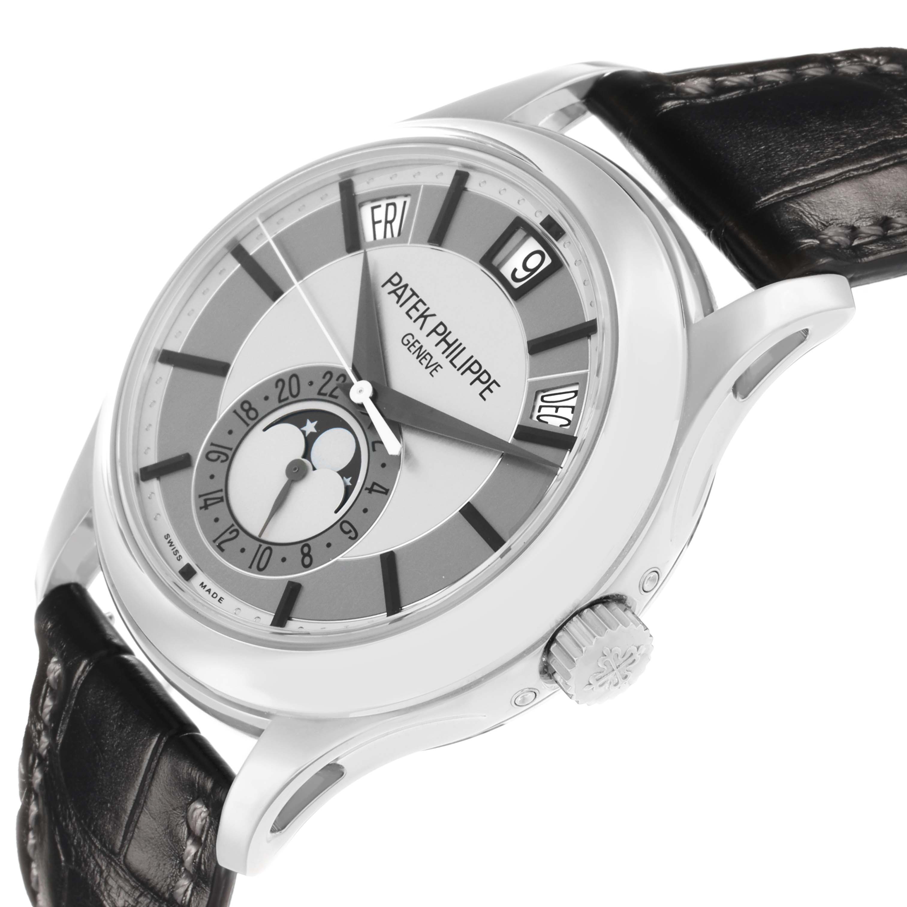 The Patek Philippe Complications 5205G Men
s White Gold Grey Dial watch is shown at a side angle, displaying the dial, crown, and leather strap.