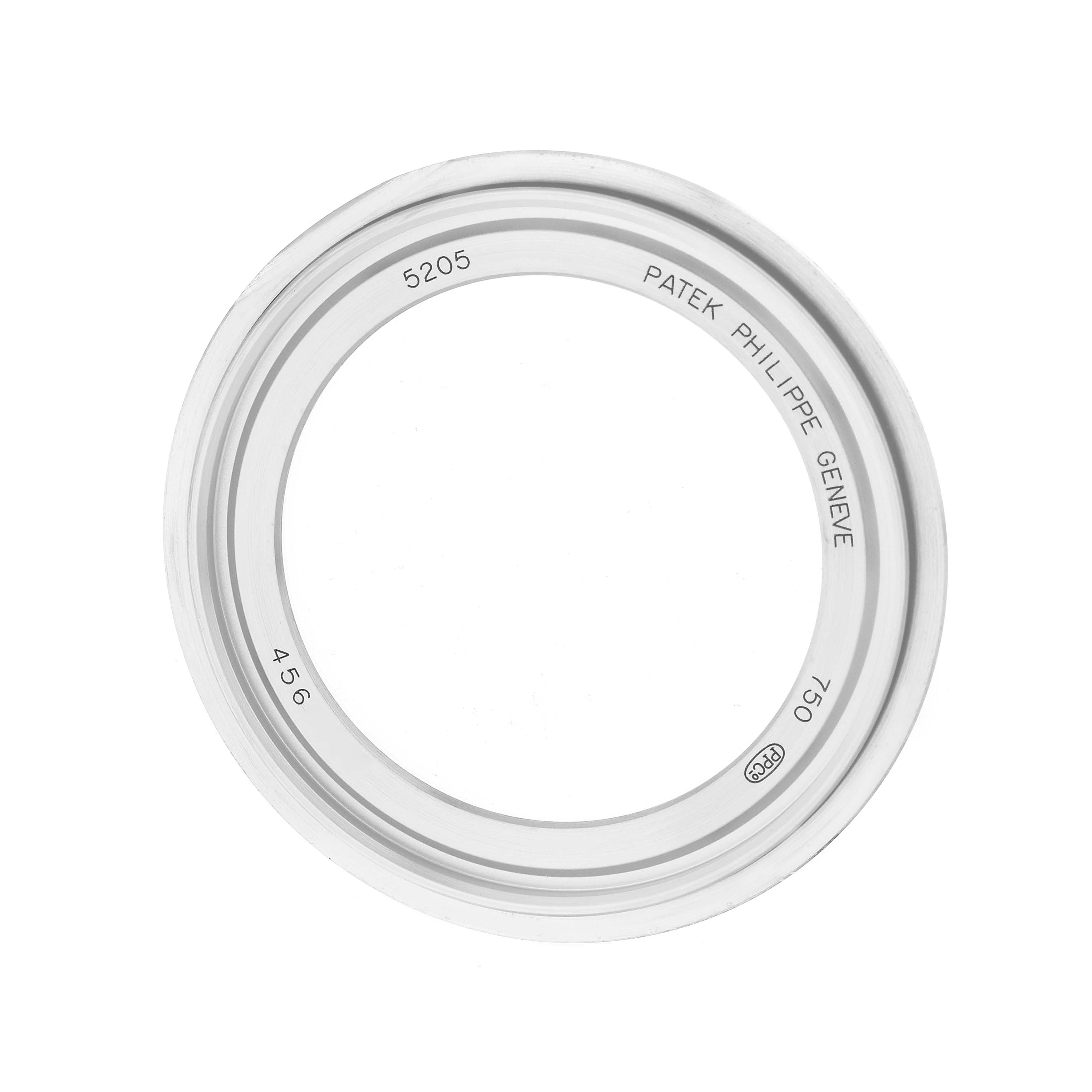 The image shows a top-down view of a bezel for the Patek Philippe Complications 5205G Men
s White Gold Grey Dial model 5205.