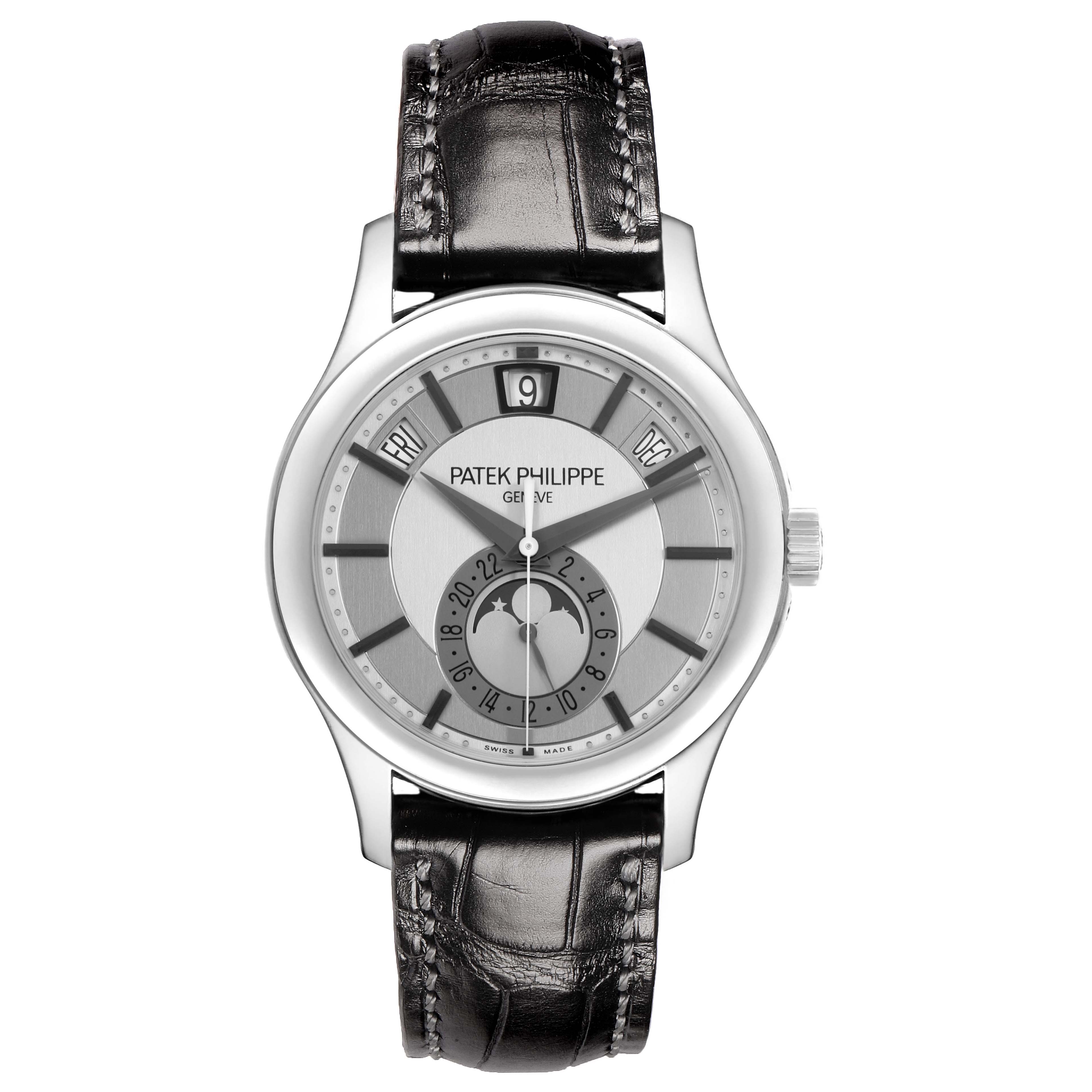 The Patek Philippe Complications 5205G Men
s White Gold Grey Dial watch is shown from the front, displaying the dial and leather strap.