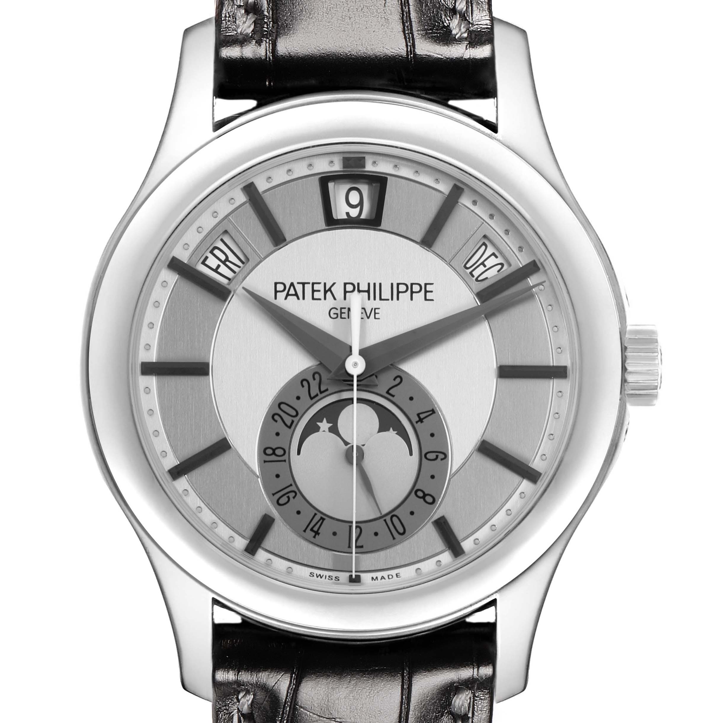 The Patek Philippe Complications 5205G Men
s White Gold Grey Dial watch is shown from the front, displaying the dial, hands, date, day, month, and moon phase.