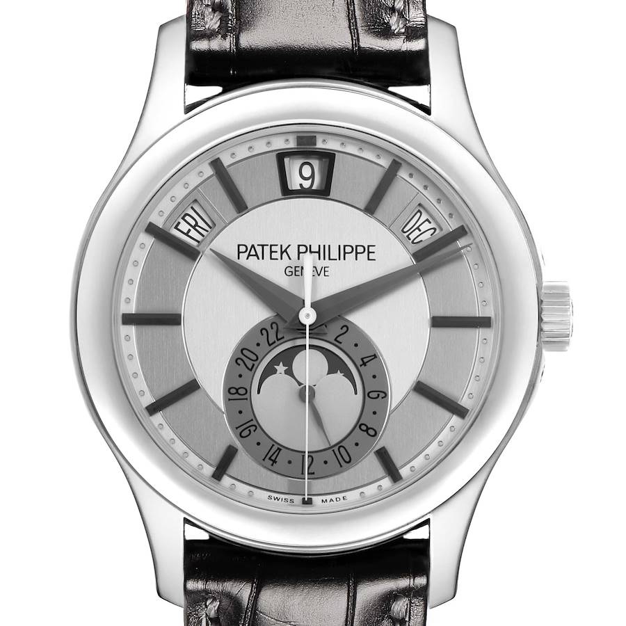 The Patek Philippe Complications 5205G Men's White Gold Grey Dial watch is shown from the front, displaying the dial, hands, date, day, month, and moon phase.