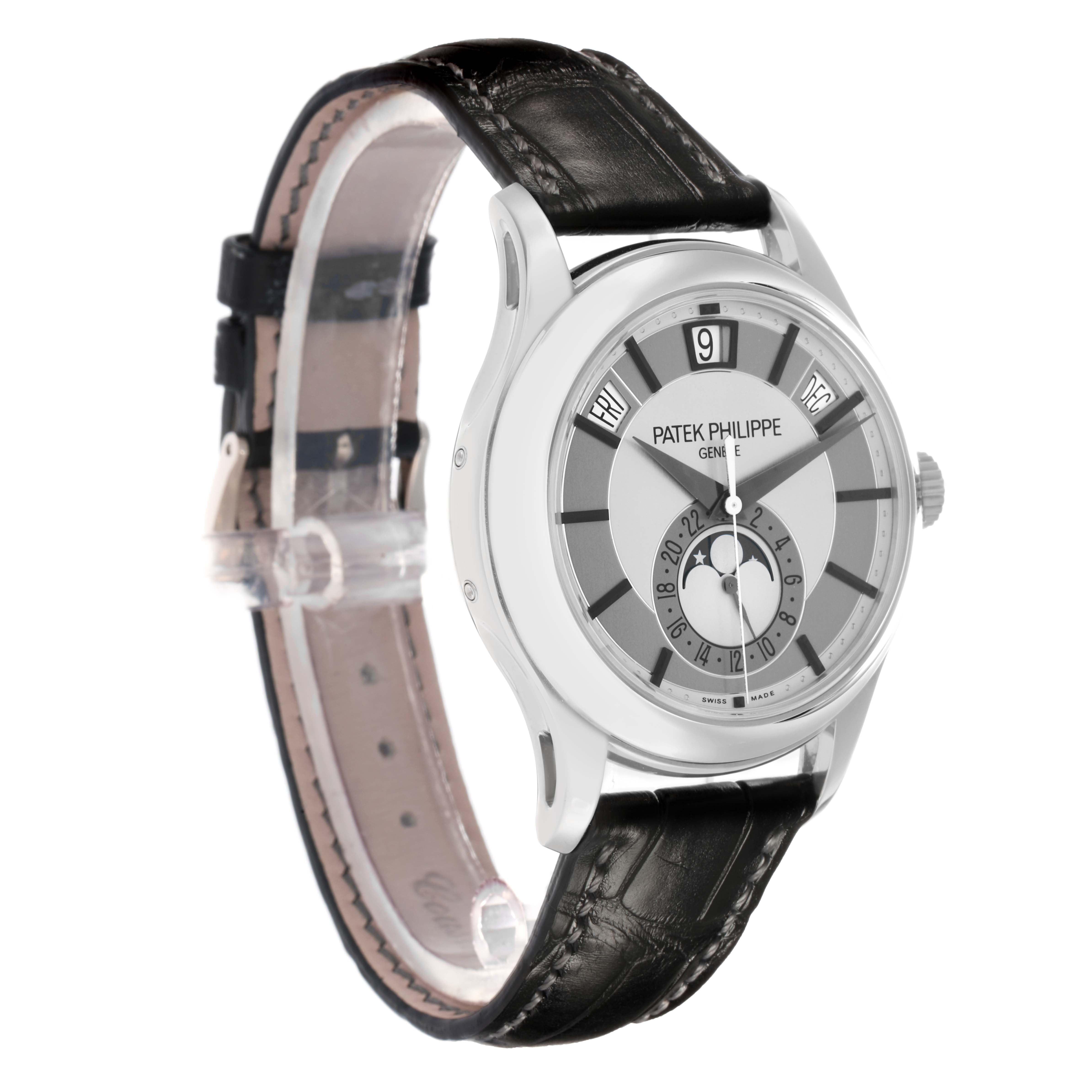 The Patek Philippe Complications 5205G Men
s White Gold Grey Dial watch is shown at a slight angle, displaying the face, strap, and side crown.