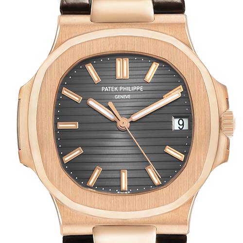 The Patek Philippe Nautilus 5711R-001 Men's Rose Gold Grey Dial watch is shown from the front, displaying the dial, hands, date window, and part of the strap.