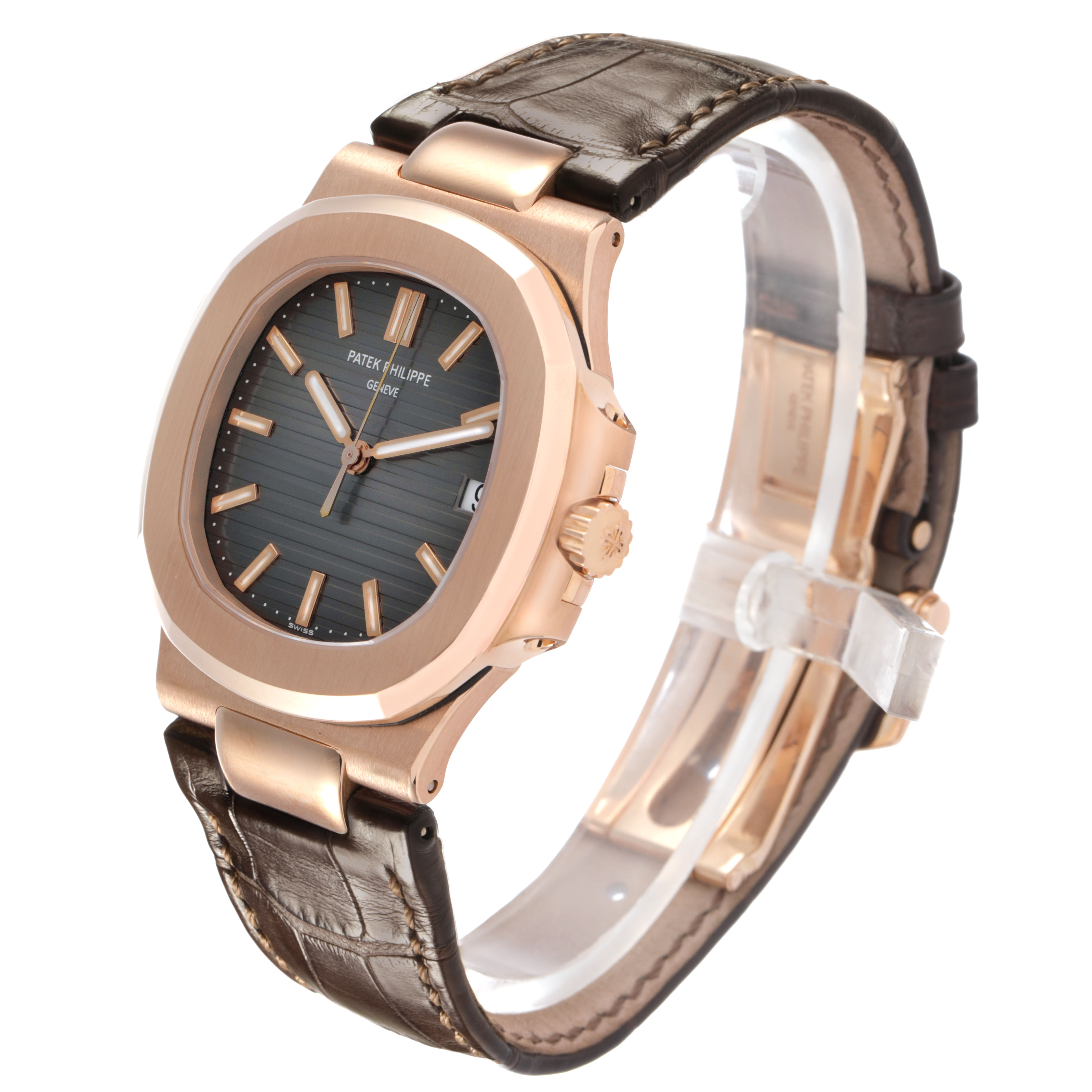 The Patek Philippe Nautilus 5711R-001 Men's Rose Gold Grey Dial watch is shown at a slight angle, displaying the face, crown, and leather strap.