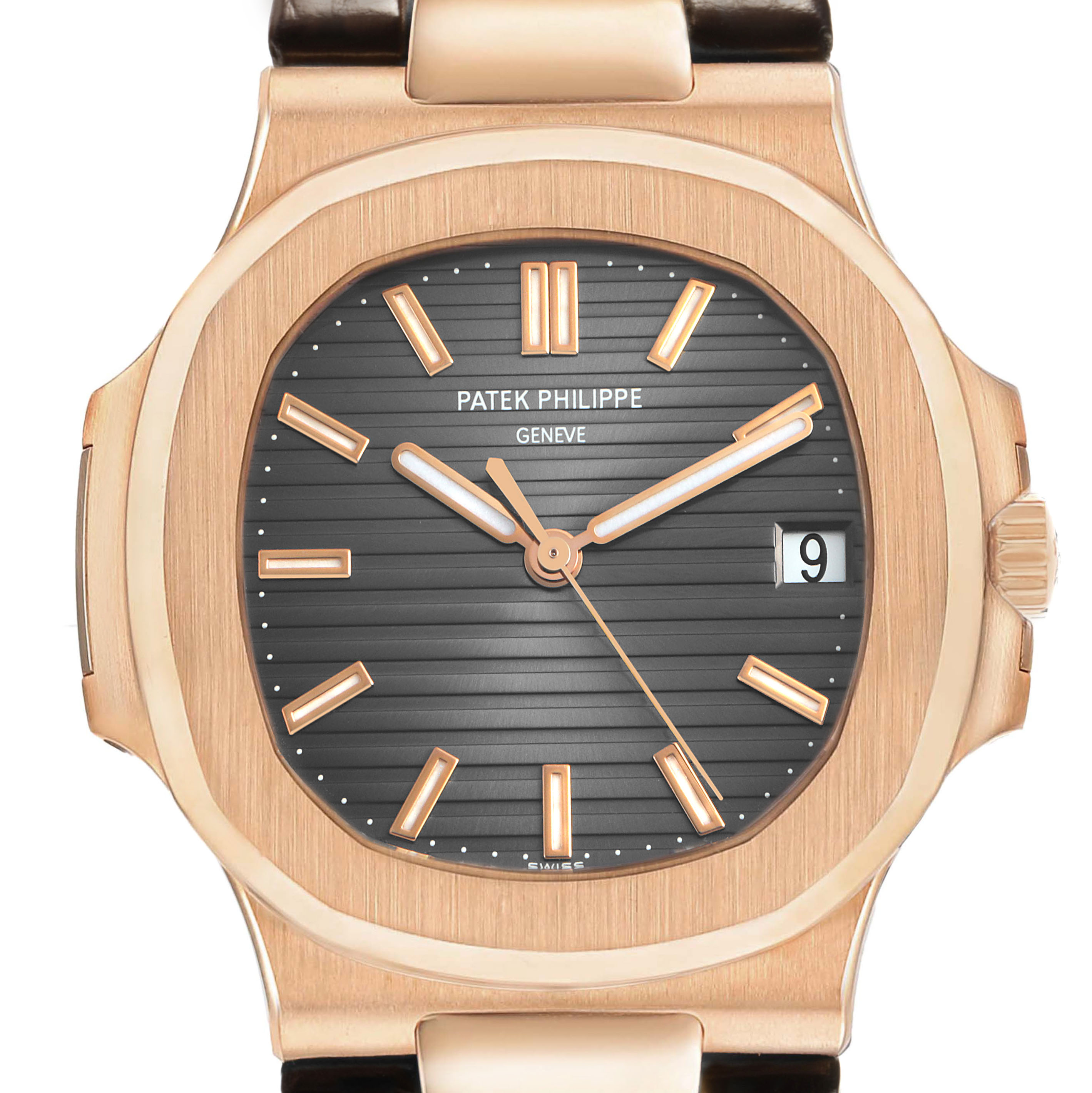 The Patek Philippe Nautilus 5711R-001 Men's Rose Gold Grey Dial watch is shown from the front, highlighting the dial, hands, date window, and case.