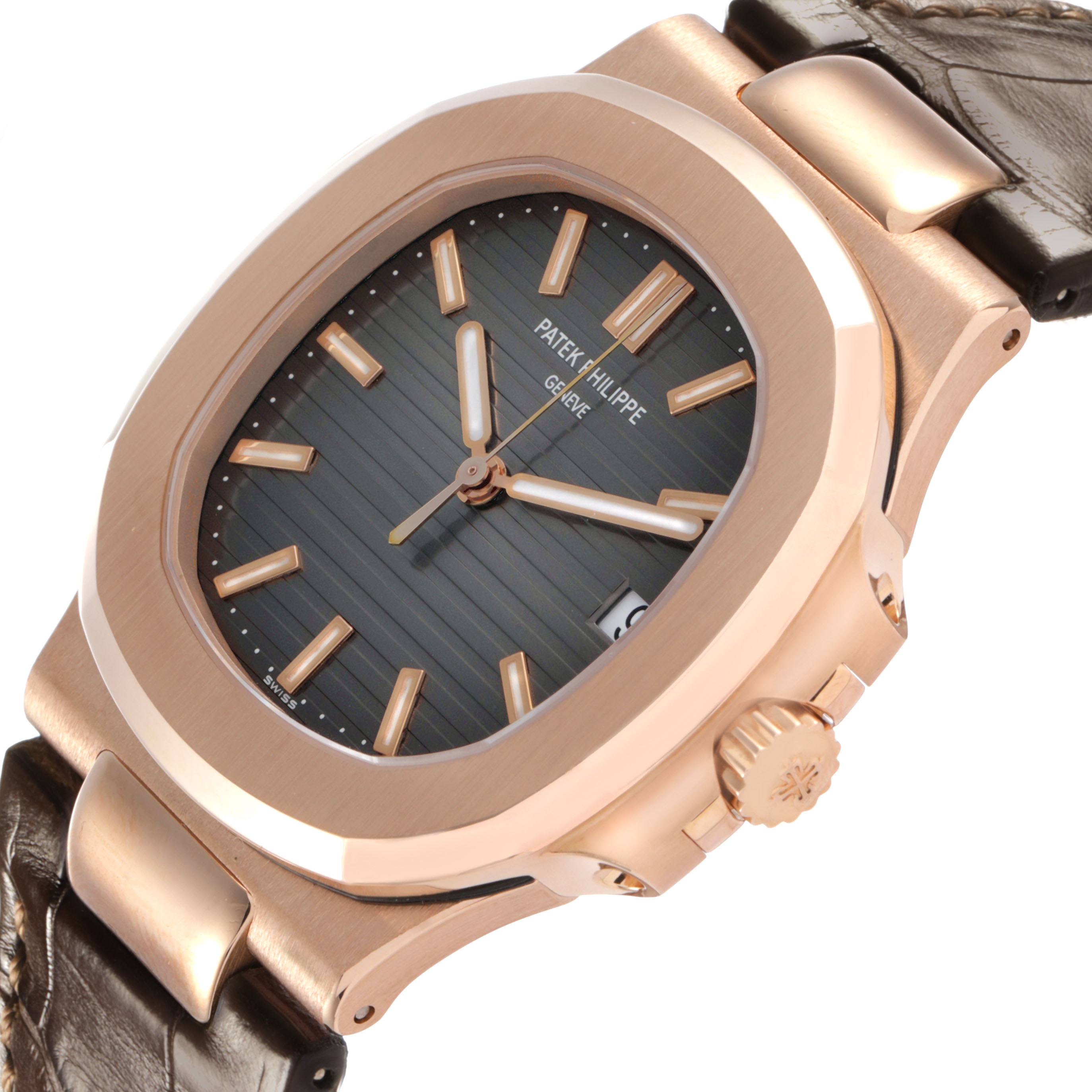 The Patek Philippe Nautilus 5711R-001 Men's Rose Gold Grey Dial watch is shown at an angled close-up, highlighting its rose gold case, dial, and crown.