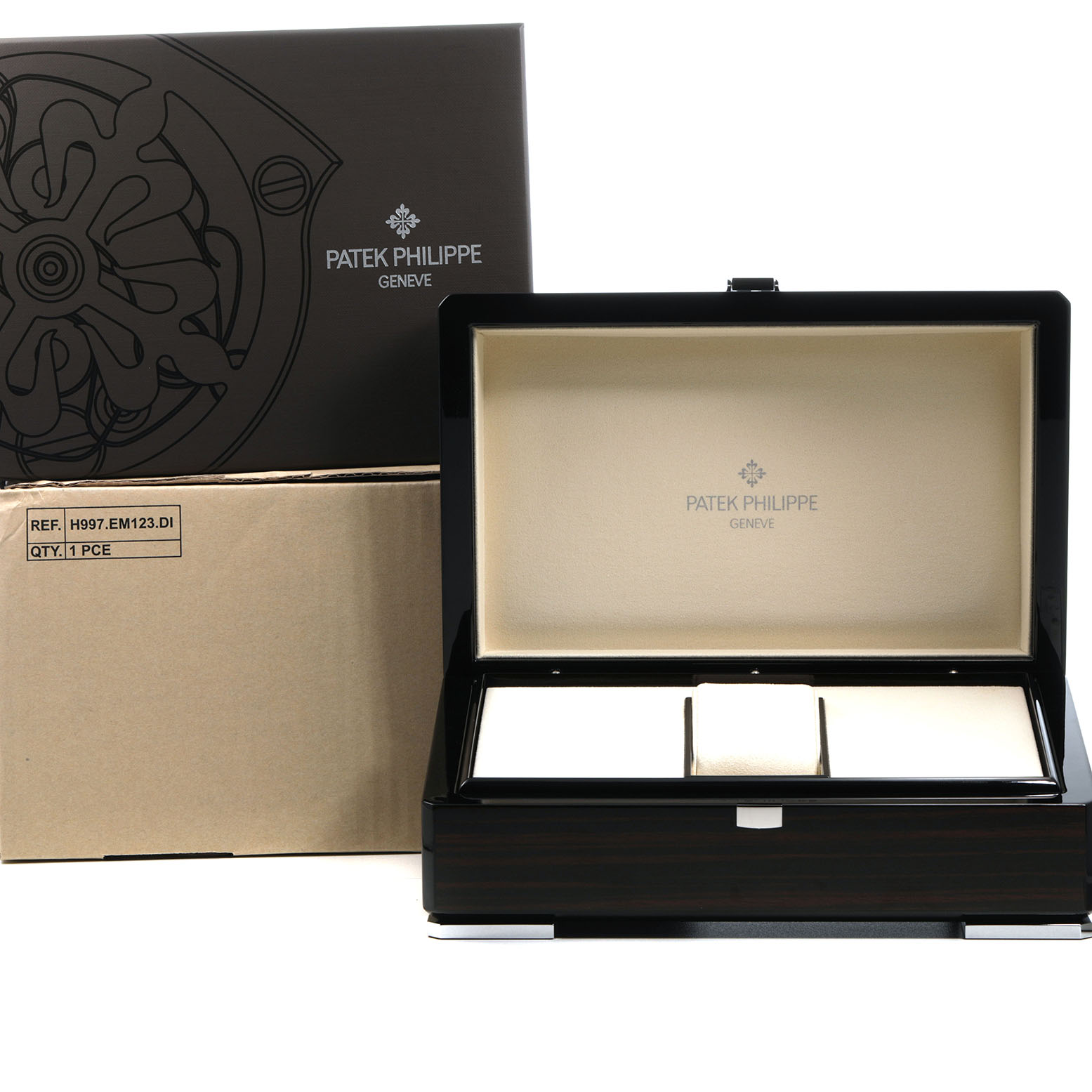The image shows a Patek Philippe Nautilus 5711R-001 Men's Rose Gold Grey Dial watch box from the front, with an open lid displaying compartments for the watch.