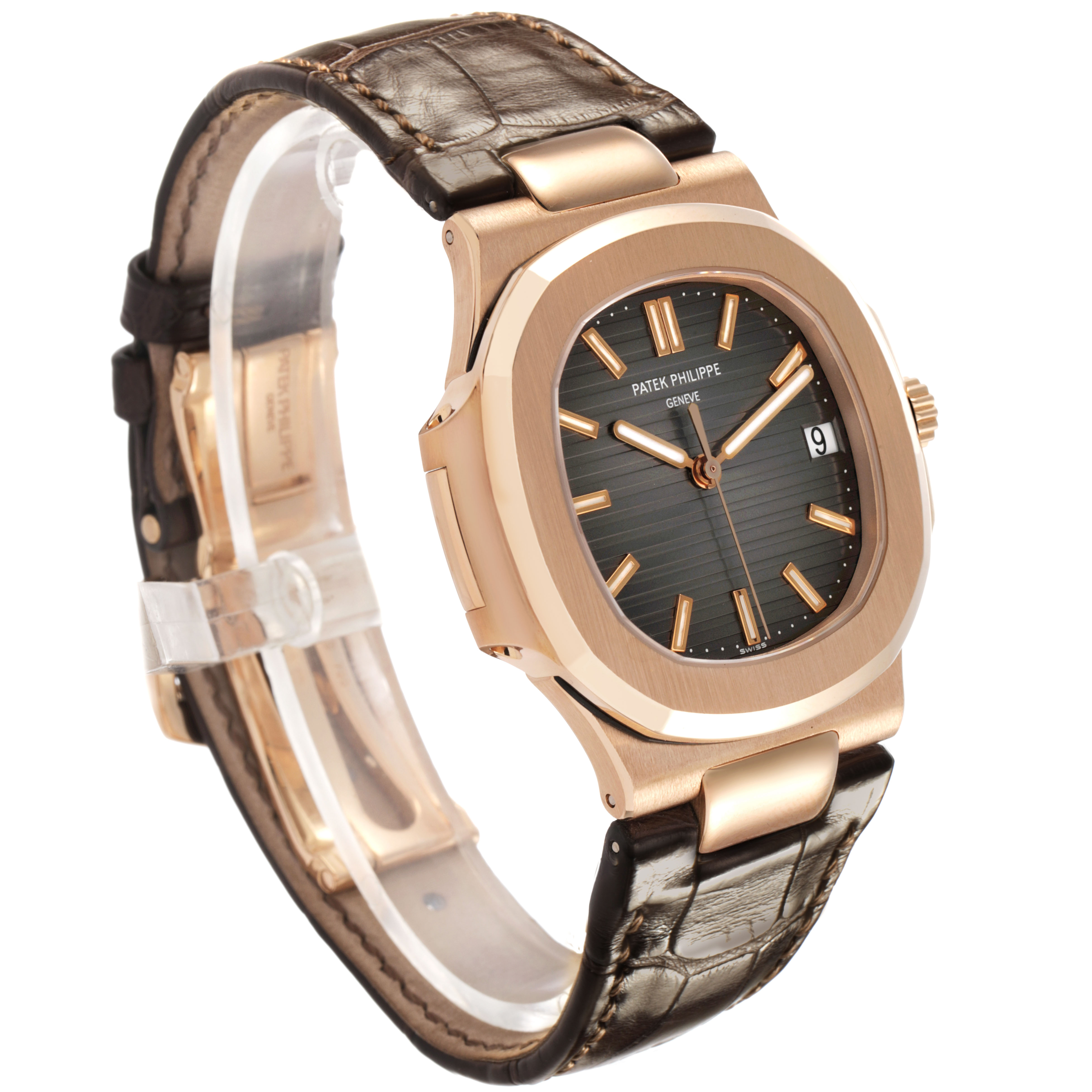 The Patek Philippe Nautilus 5711R-001 Men's Rose Gold Grey Dial watch is shown from a three-quarter angle, highlighting the dial, case, crown, and leather strap.