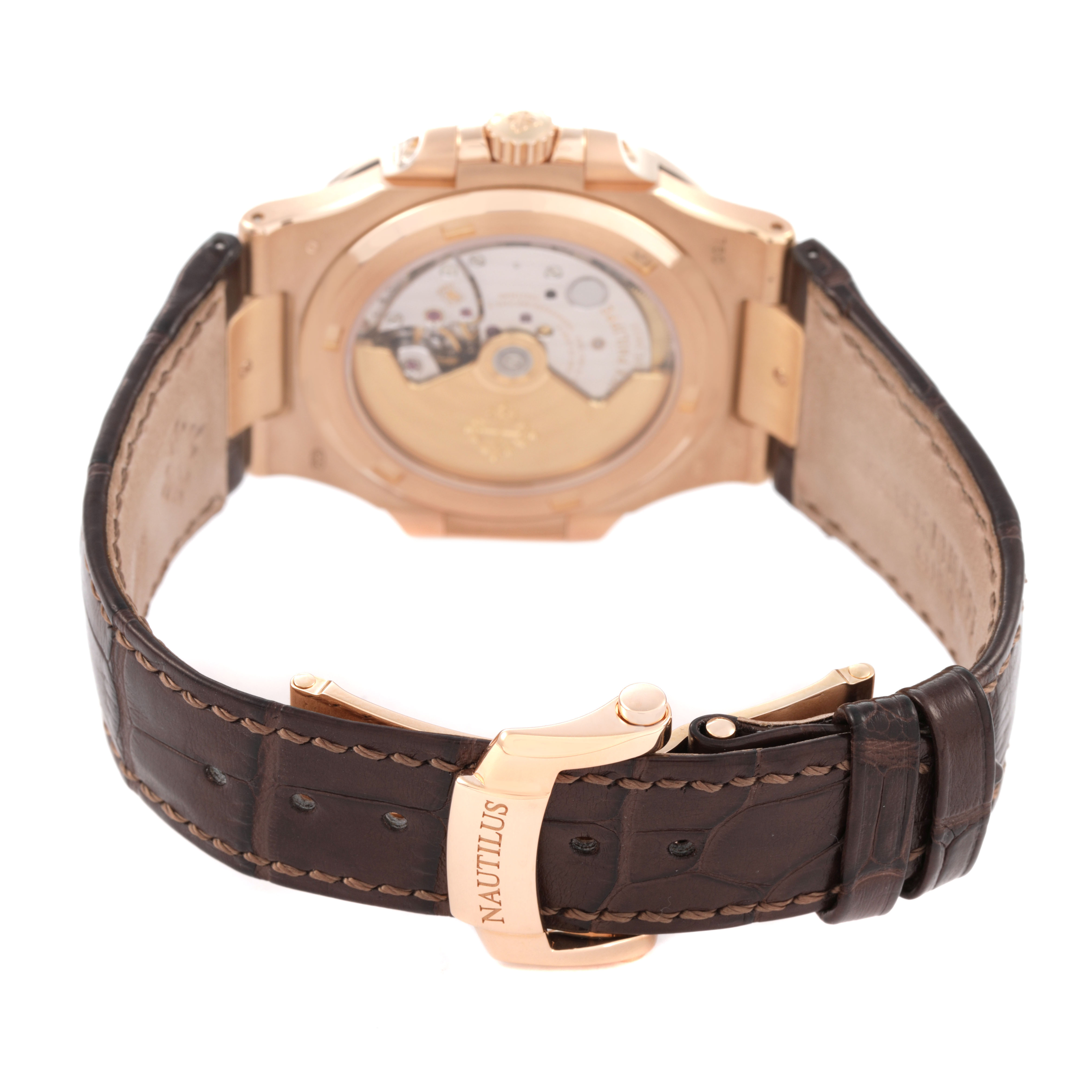 The image shows the back view of the Patek Philippe Nautilus 5711R-001 Men's Rose Gold Grey Dial watch, highlighting the movement and clasp.