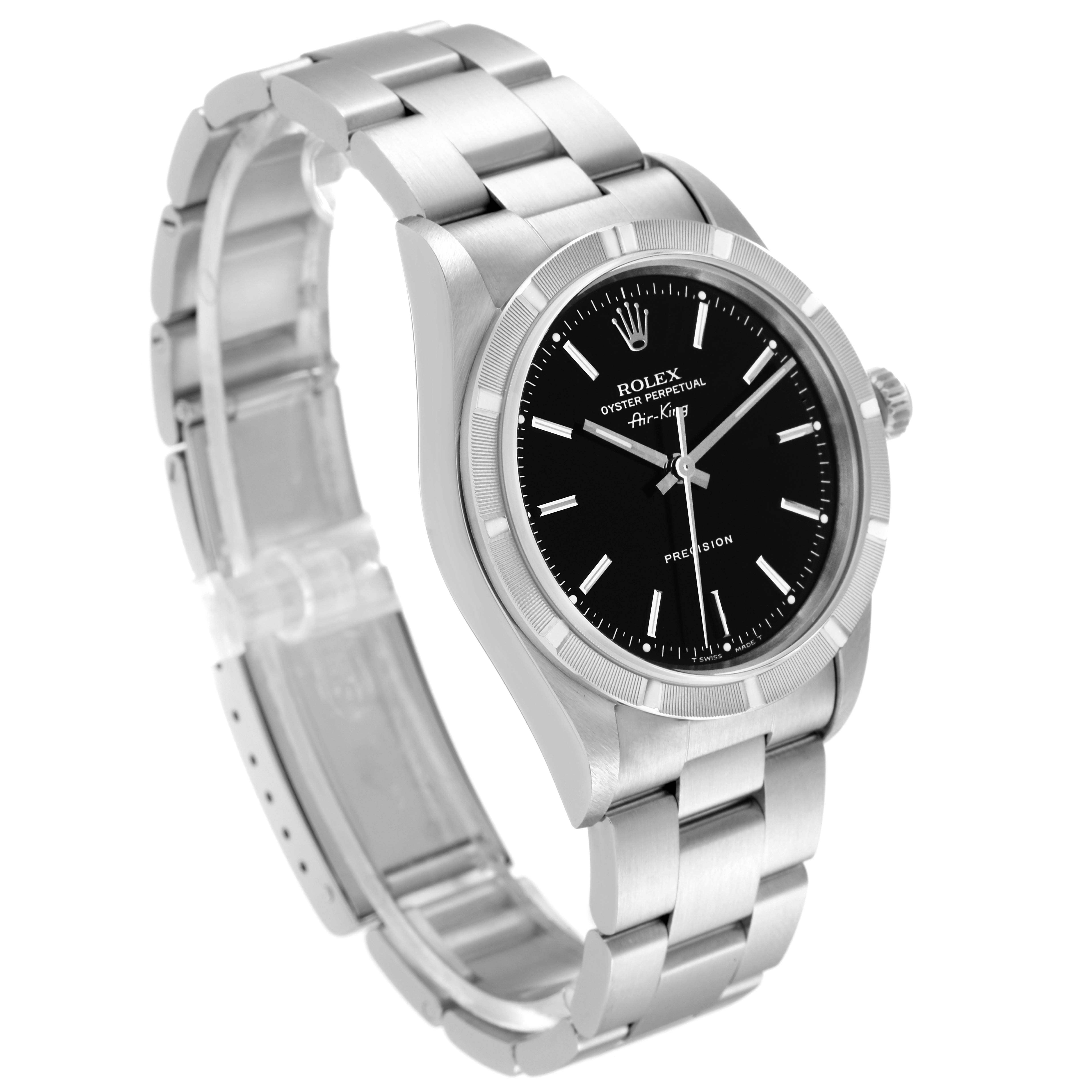 The image shows a Rolex Air-King 14010 Men's Stainless Steel Black Dial 14010 Men's Stainless Steel Black Dial watch at a three-quarter angle, highlighting the watch face, bezel, and metal bracelet.