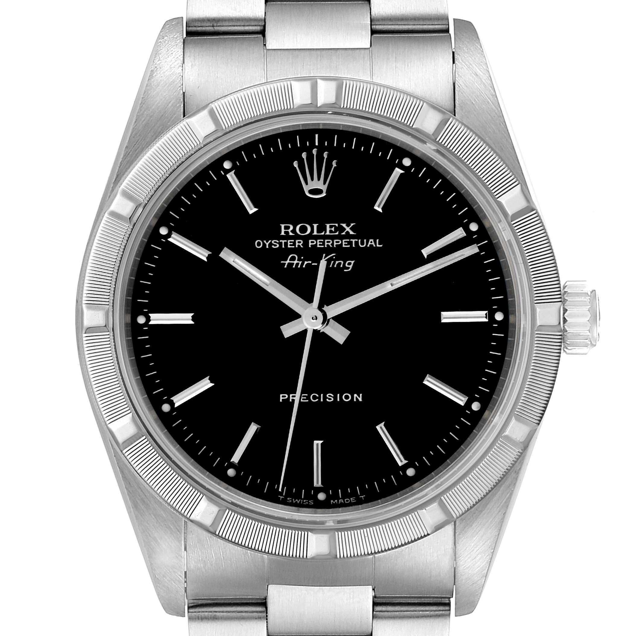 The image shows a front view of a Rolex Air-King 14010 Men's Stainless Steel Black Dial 14010 Men's Stainless Steel Black Dial watch, displaying its black dial, silver hour markers, hands, and stainless steel bracelet.