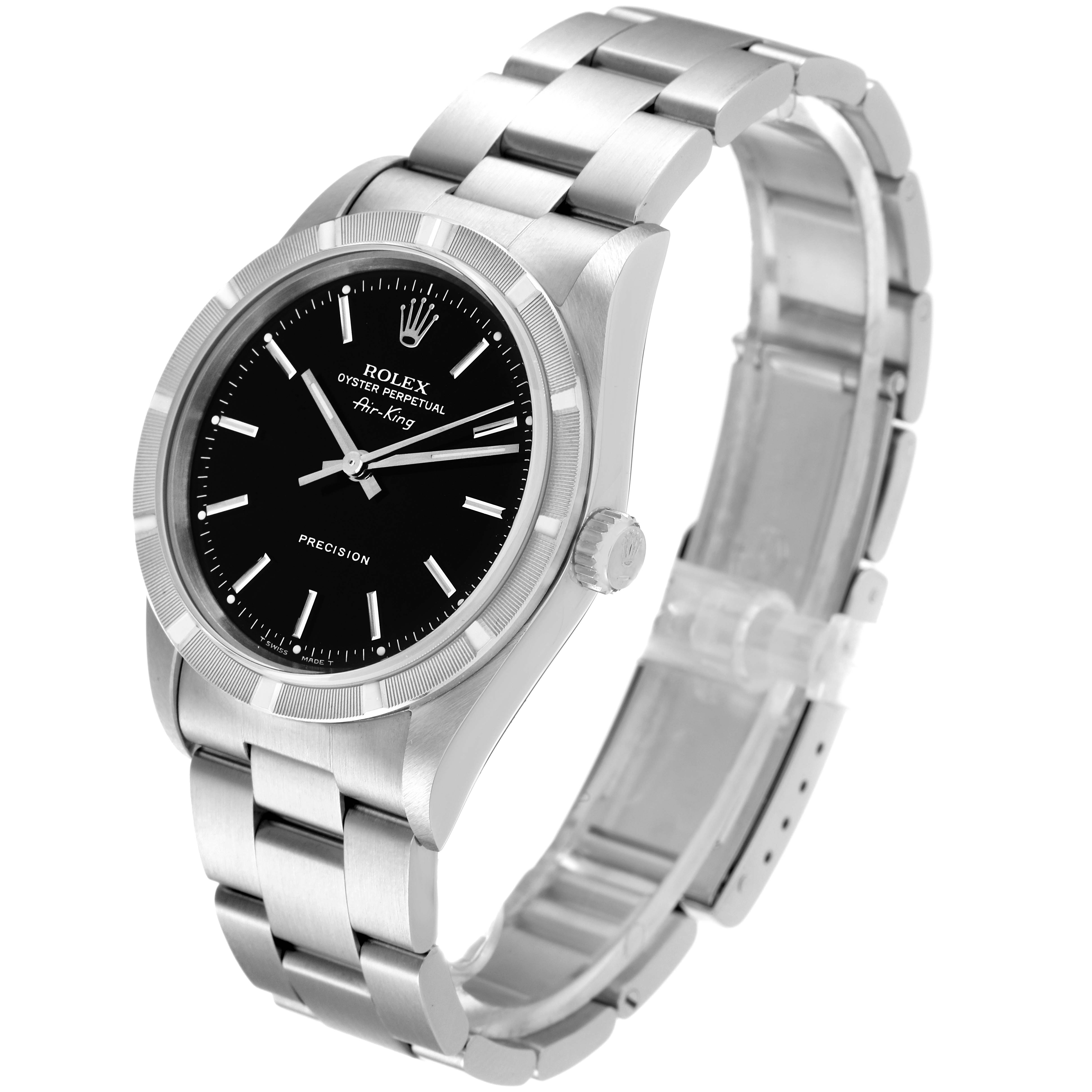 The Rolex Air-King 14010 Men's Stainless Steel Black Dial 14010 Men's Stainless Steel Black Dial watch is shown at a slight angle, displaying the face, crown, and full stainless steel bracelet.