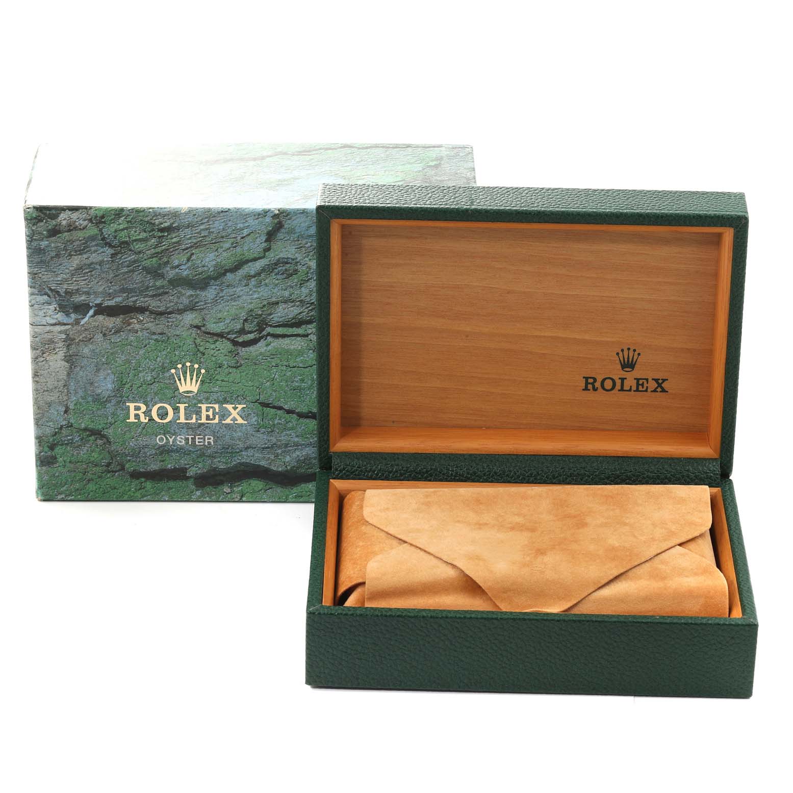 The image shows a Rolex Air-King 14010 Men's Stainless Steel Black Dial 14010 Men's Stainless Steel Black Dial watch box and sleeve, with the box open to reveal its empty interior.