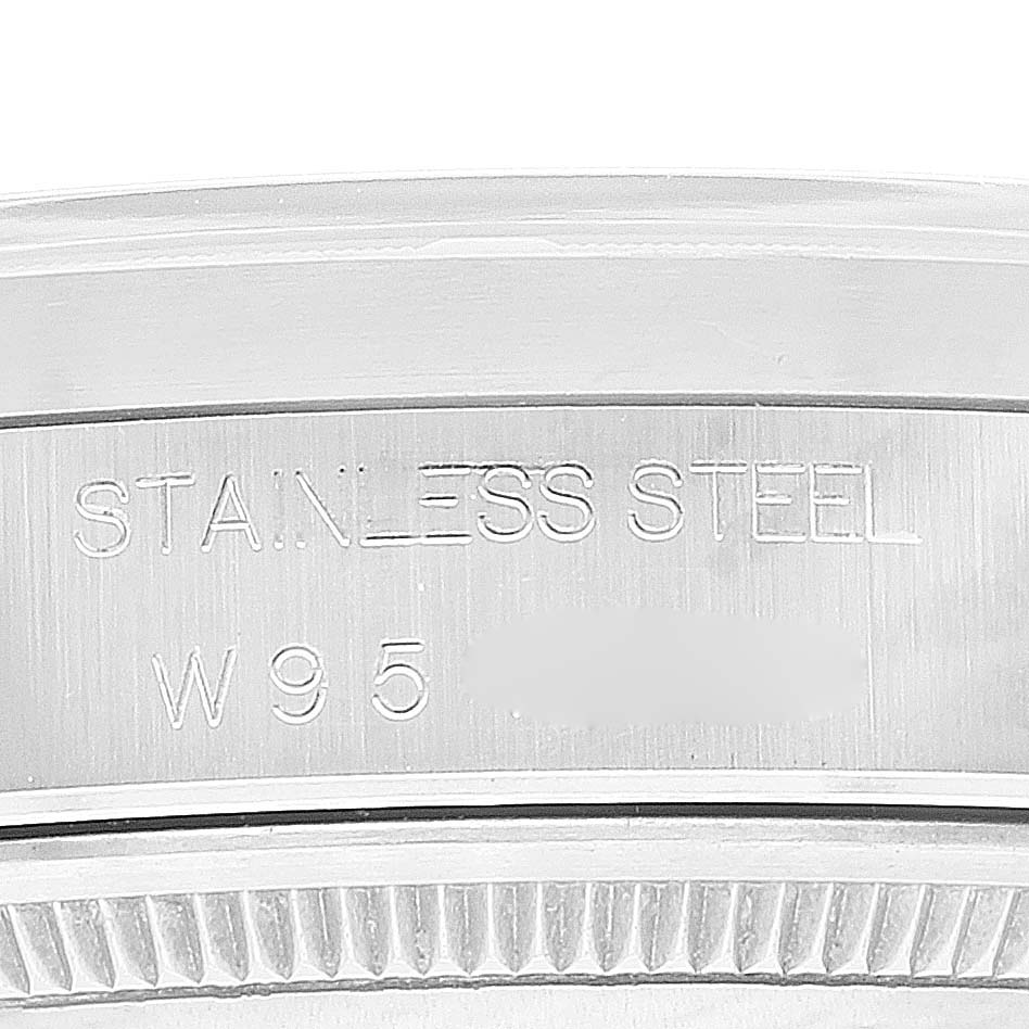 The image shows a close-up of the stainless steel bezel and case edge of a Rolex Air-King 14010 Men's Stainless Steel Black Dial 14010 Men's Stainless Steel Black Dial watch.