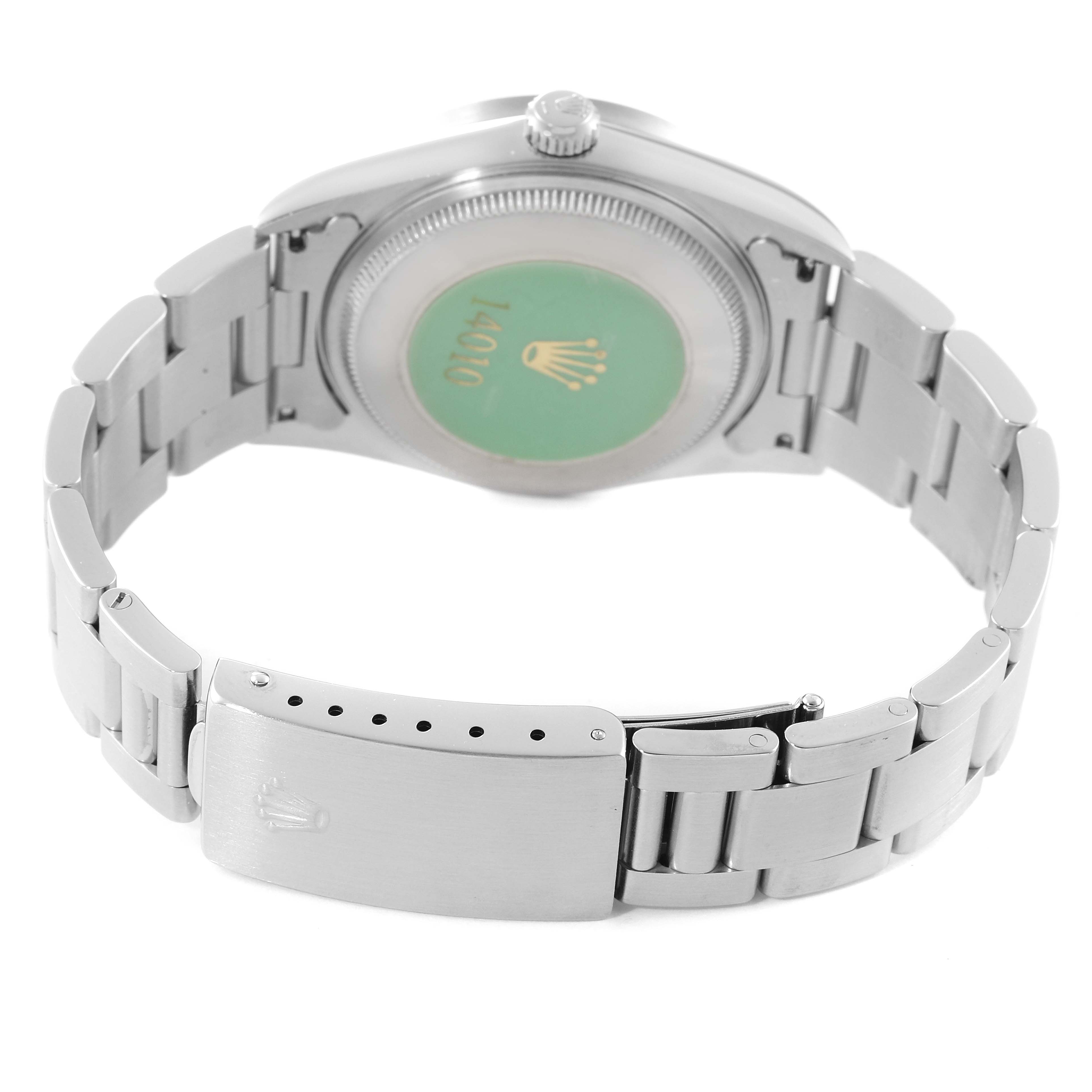 This image shows the back and bracelet of a Rolex Air-King 14010 Men's Stainless Steel Black Dial 14010 Men's Stainless Steel Black Dial watch, featuring the clasp and case back.