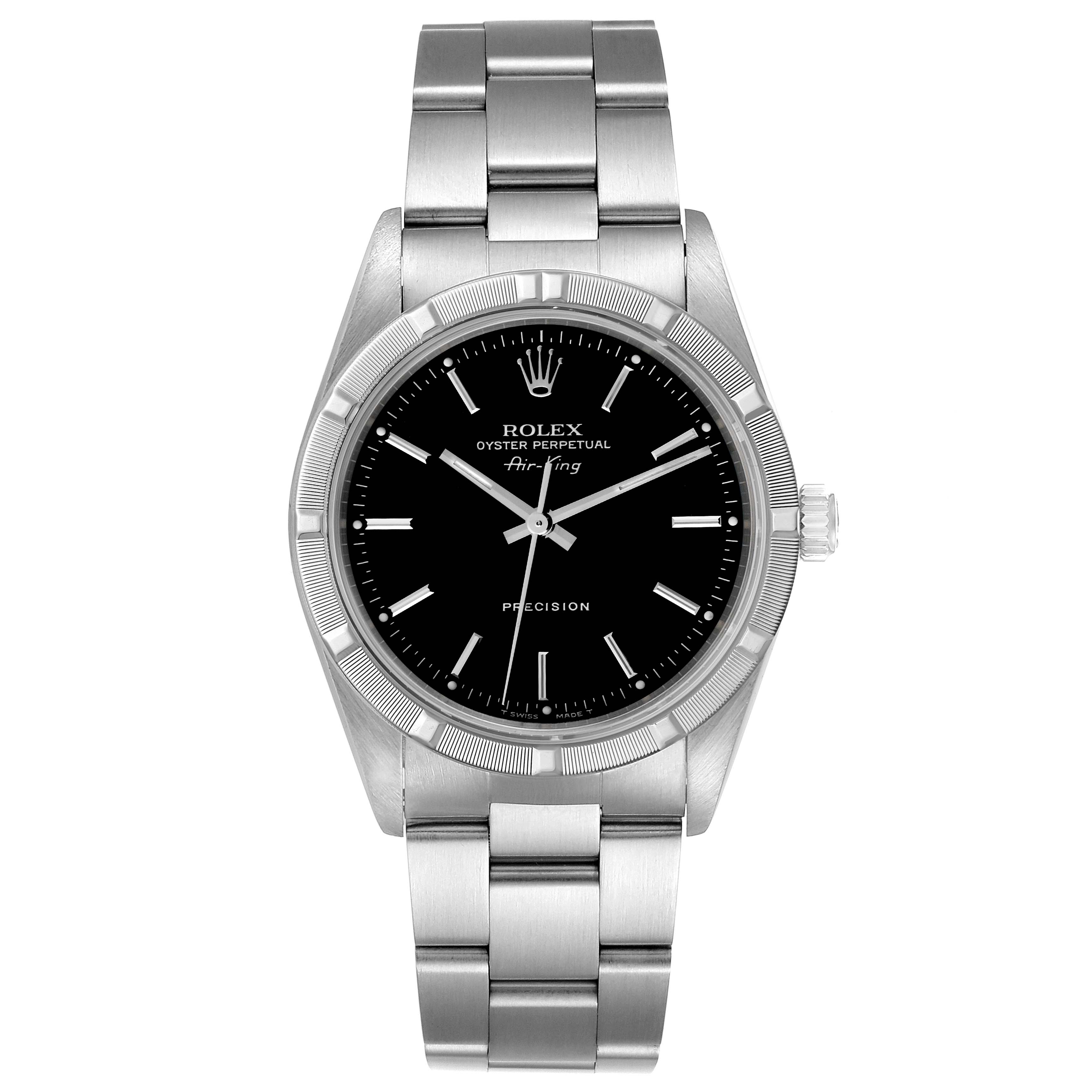 This image shows the front view of the Rolex Air-King 14010 Men's Stainless Steel Black Dial 14010 Men's Stainless Steel Black Dial watch, highlighting the dial, bezel, and bracelet.