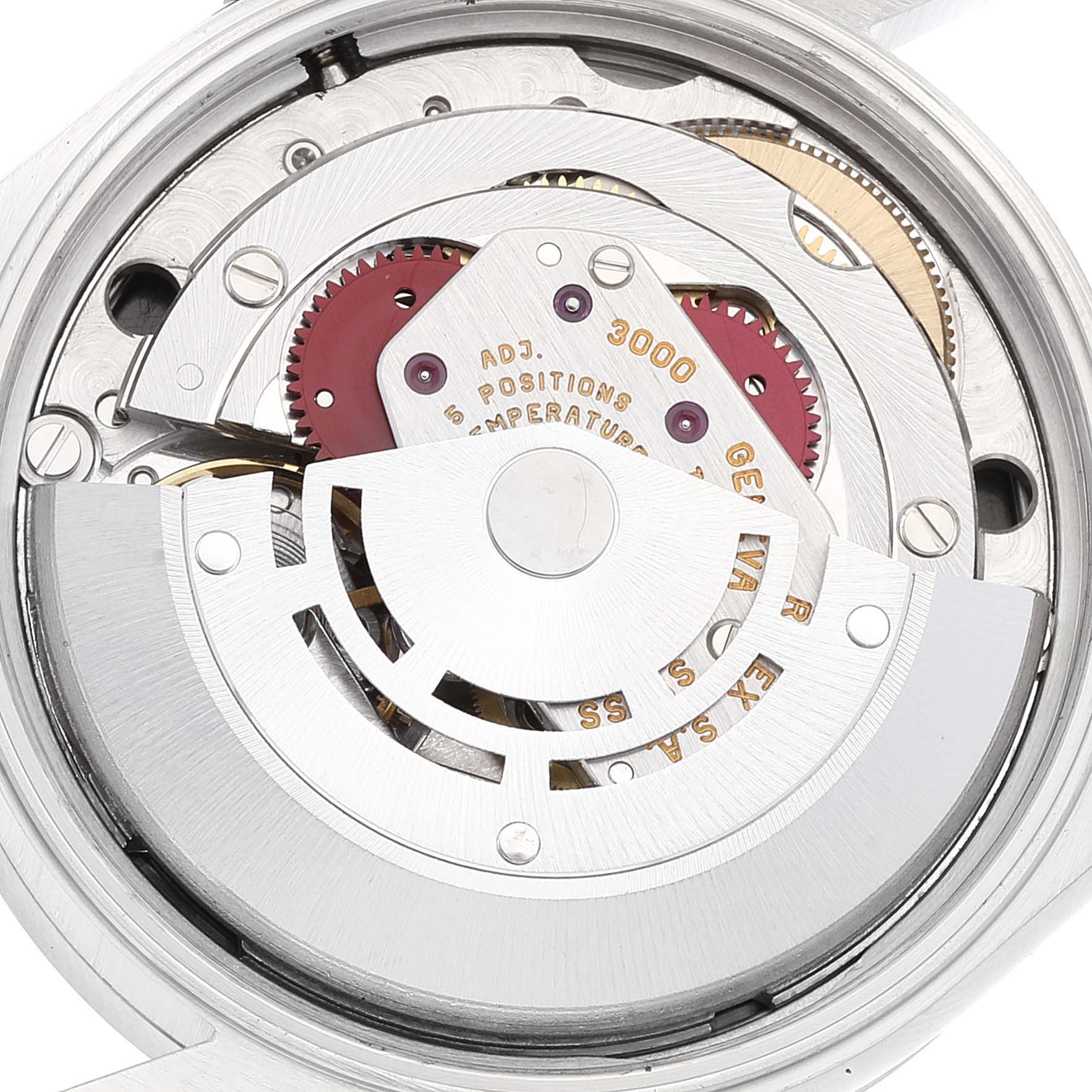 The image shows the exposed movement mechanism of the Rolex Air-King 14010 Men's Stainless Steel Black Dial 14010 Men's Stainless Steel Black Dial watch at an angled close-up view.