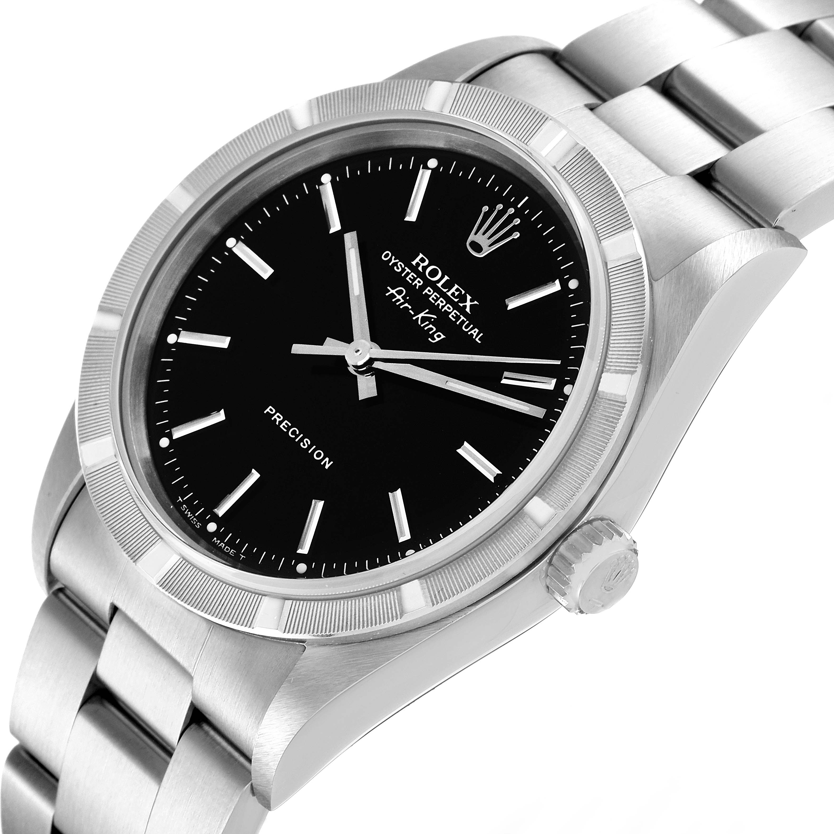 The image shows a close-up angle of the Rolex Air-King 14010 Men's Stainless Steel Black Dial 14010 Men's Stainless Steel Black Dial watch, focusing on the dial, bezel, case, and part of the bracelet.