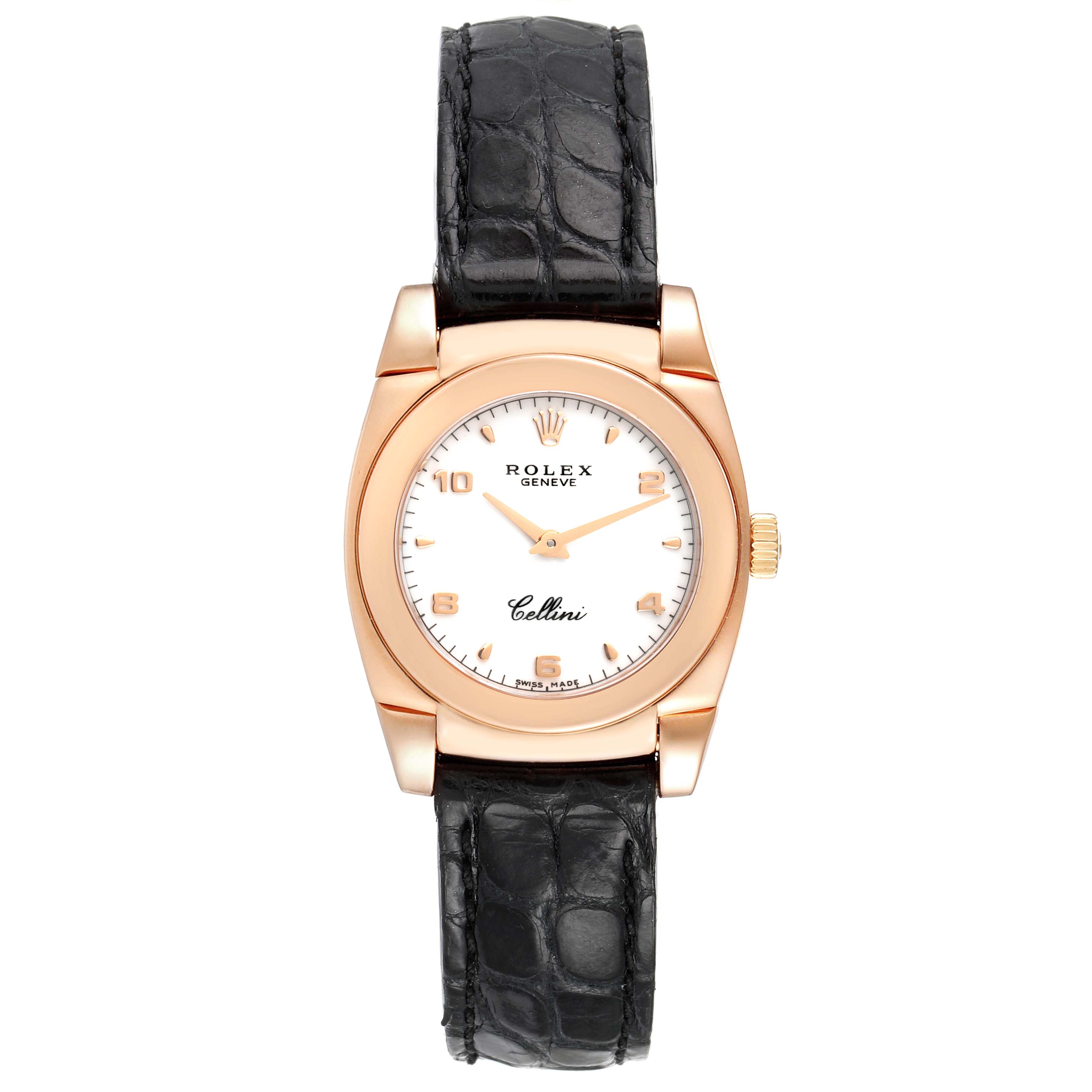The Rolex Cellini 5310 Women's Rose Gold White Dial 5310 Women's Rose Gold White Dial watch is shown front-facing with a black leather strap, rose gold case, and white dial.