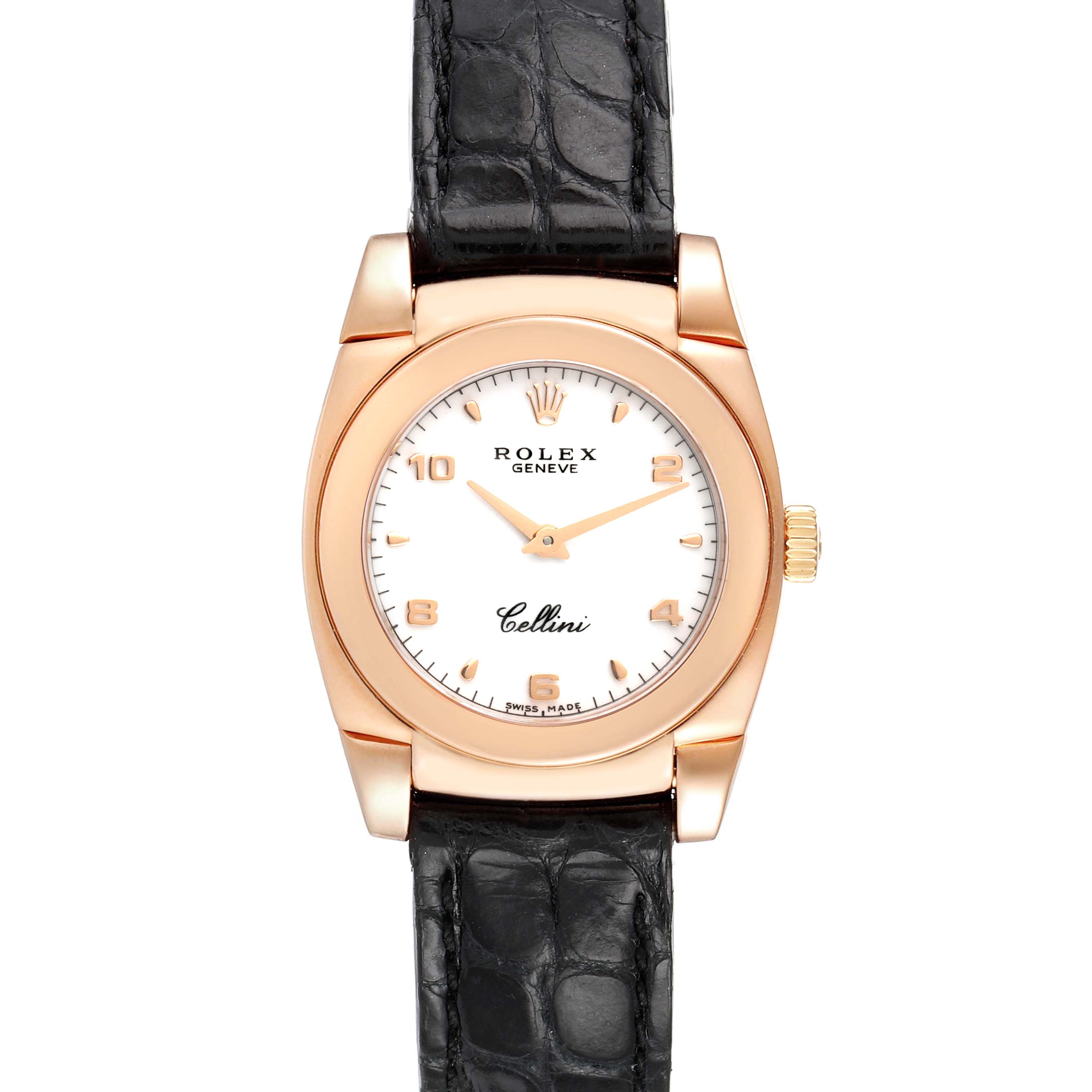 This image shows a frontal view of a Rolex Cellini 5310 Women's Rose Gold White Dial 5310 Women's Rose Gold White Dial watch with a black leather strap and a gold case.