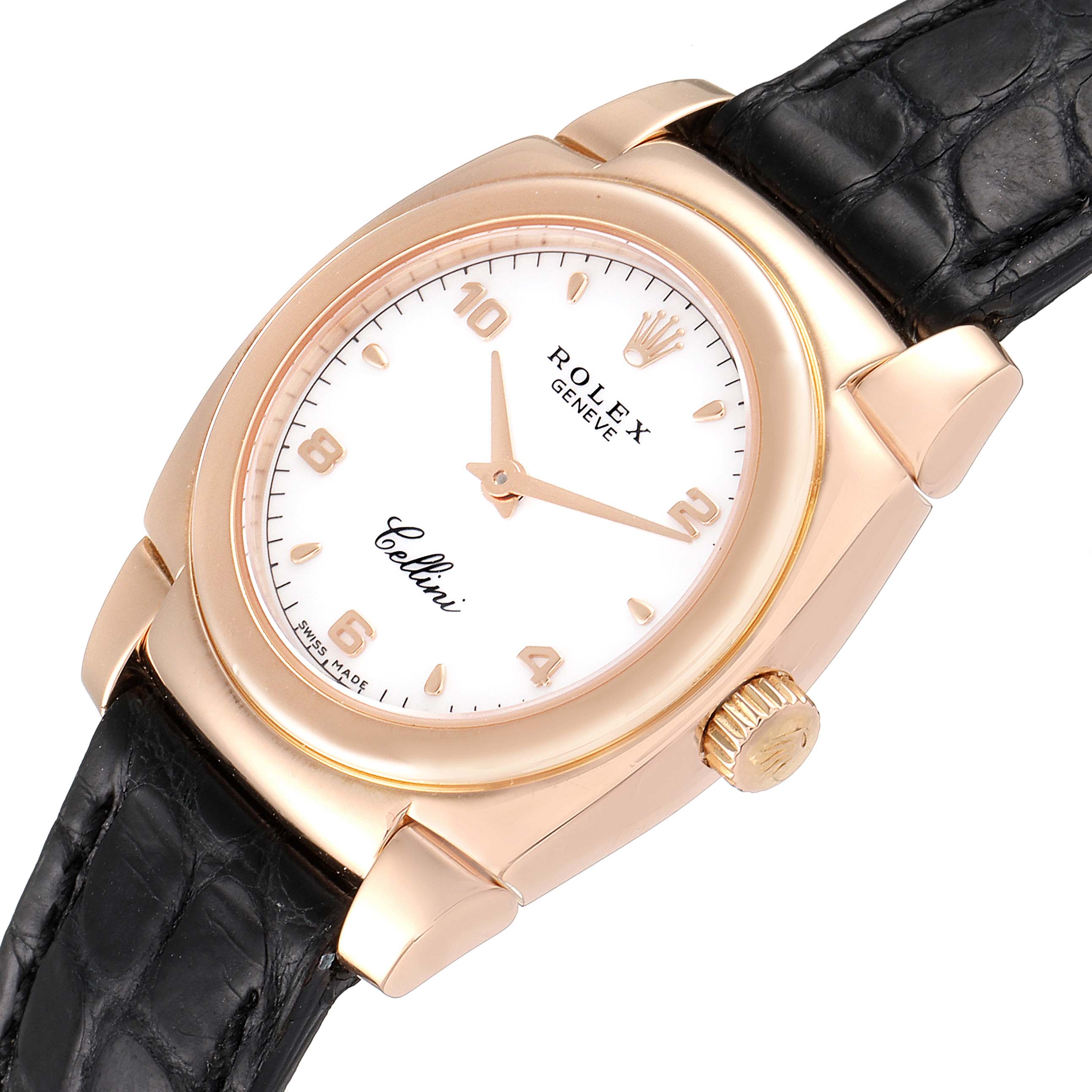 This image shows a close-up of the Rolex Cellini 5310 Women's Rose Gold White Dial 5310 Women's Rose Gold White Dial watch, focusing on its face, crown, and leather strap.