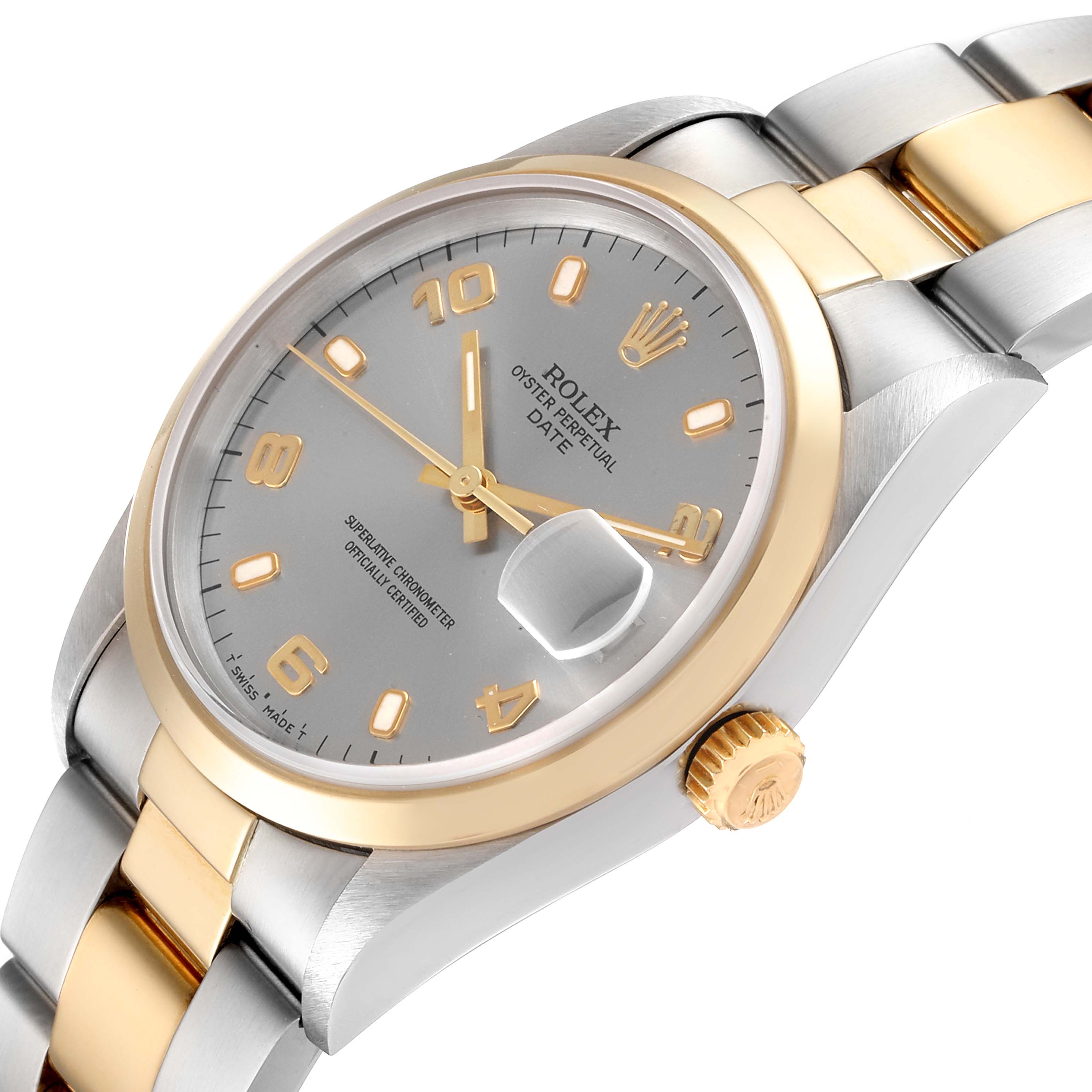 The image shows a close-up angle of a Rolex Date 15203 Men's Steel and Gold (two tone) Grey Dial 15203 Men's Steel and Gold (two tone) Grey Dial model watch, highlighting the dial, bezel, crown, and part of the bracelet.