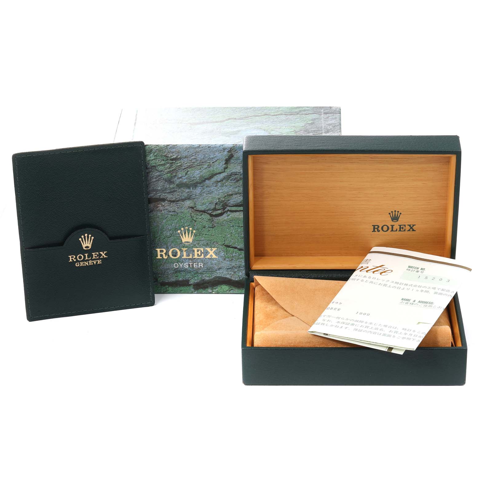 The image shows the packaging and documentation for the Rolex Date 15203 Men's Steel and Gold (two tone) Grey Dial 15203 Men's Steel and Gold (two tone) Grey Dial model, including a green box, booklet, and certificate.