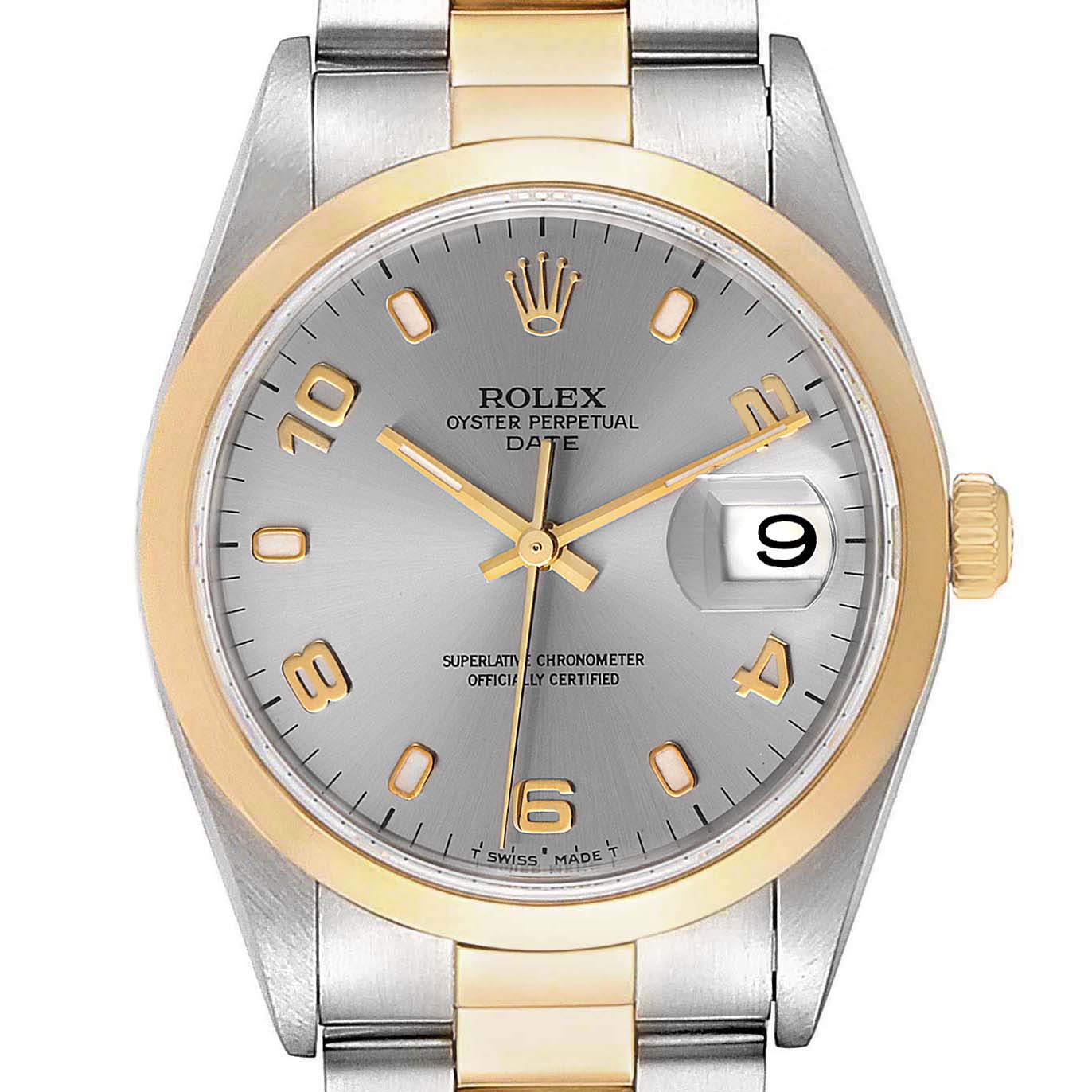 This image shows the front face and part of the bracelet of a Rolex Date 15203 Men's Steel and Gold (two tone) Grey Dial 15203 Men's Steel and Gold (two tone) Grey Dial model.
