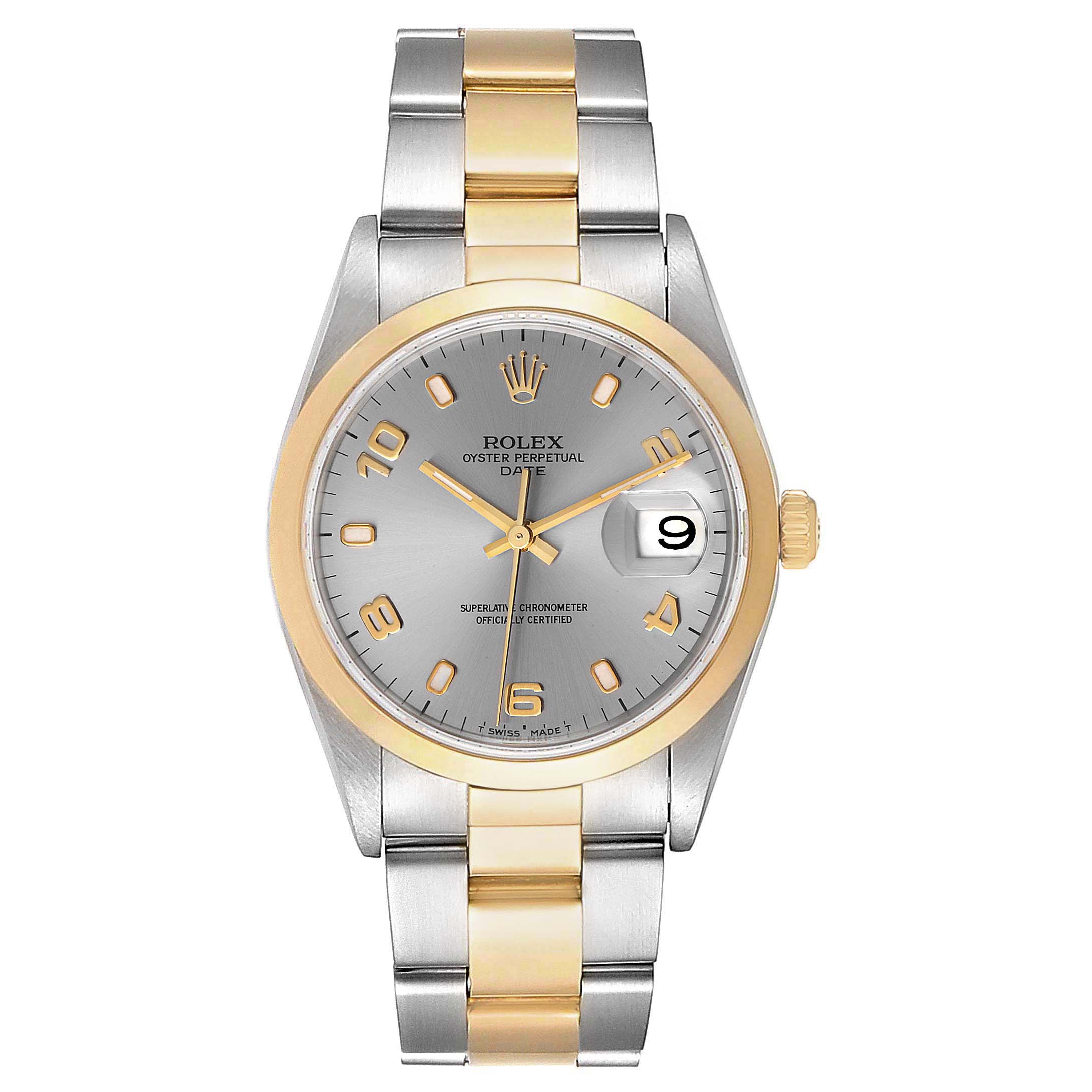 This image shows a Rolex Oyster Perpetual Date watch from a front angle, displaying the face, bezel, and strap.