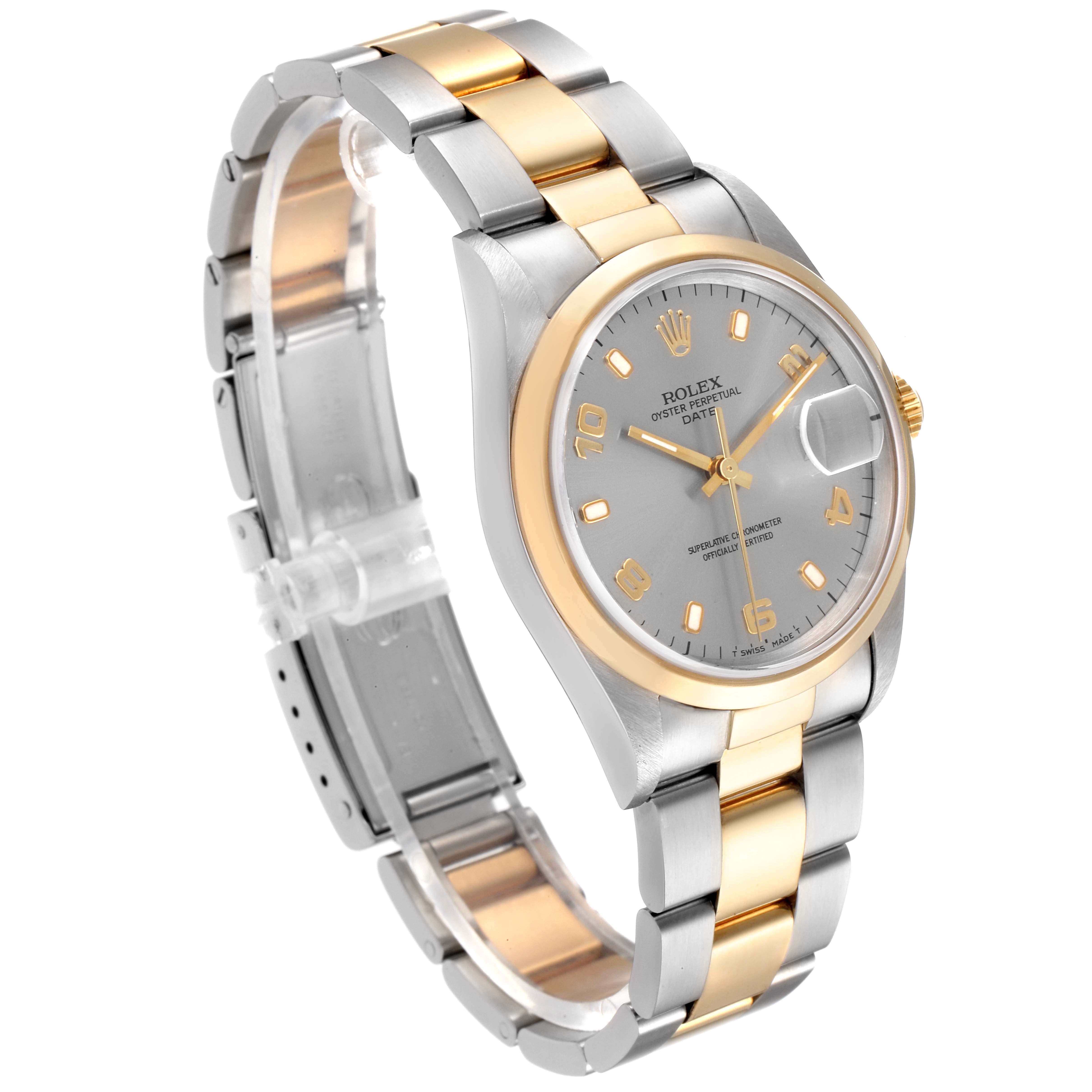 This image shows a side angle view of a Rolex Date 15203 Men's Steel and Gold (two tone) Grey Dial 15203 Men's Steel and Gold (two tone) Grey Dial model watch, highlighting the dial, case, and bracelet.