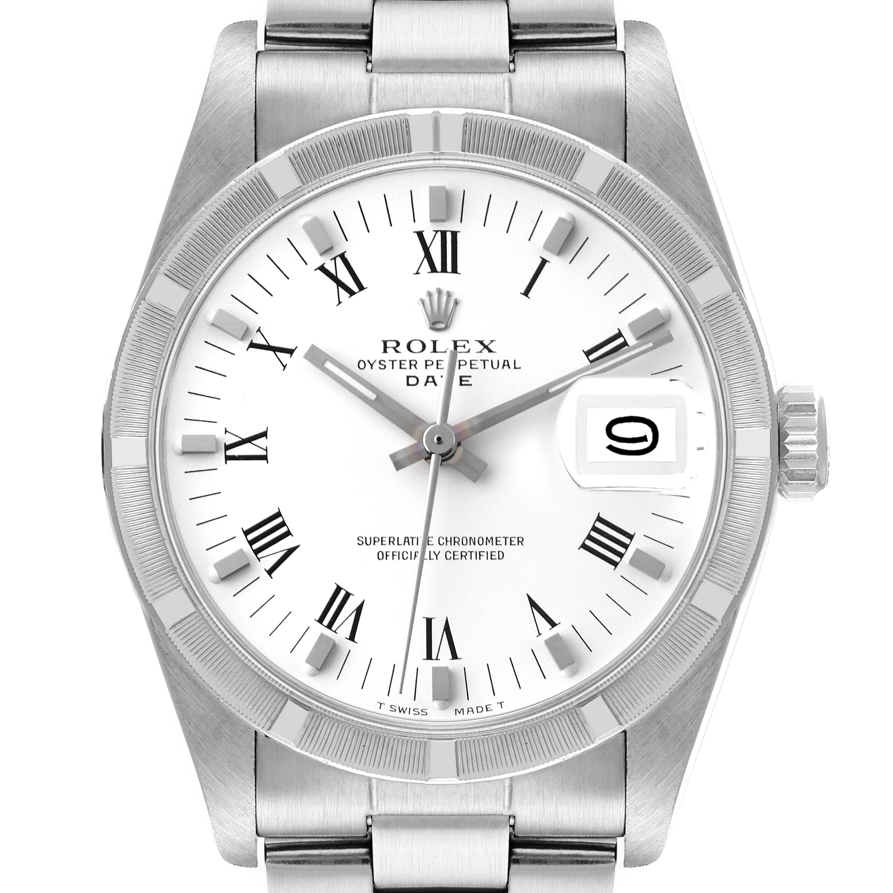 This image shows a front view of a Rolex Oyster Perpetual Date Vintage Collection watch, displaying the dial, hands, and date window.