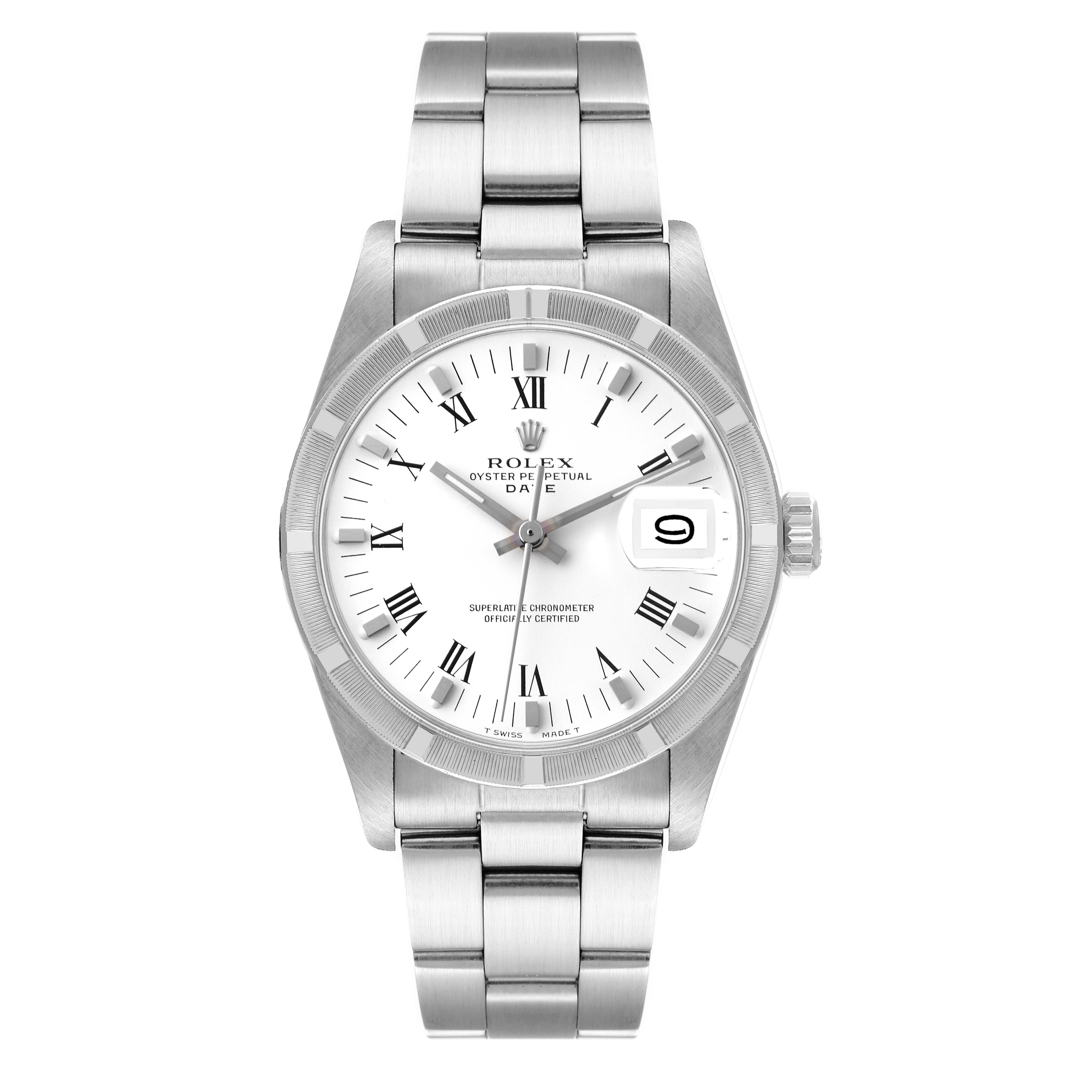 The image shows a front view of the Rolex Vintage Collection 15010 Men's Stainless Steel White Dial 15010 Men's Stainless Steel White Dial model watch, featuring its face, bezel, and bracelet.
