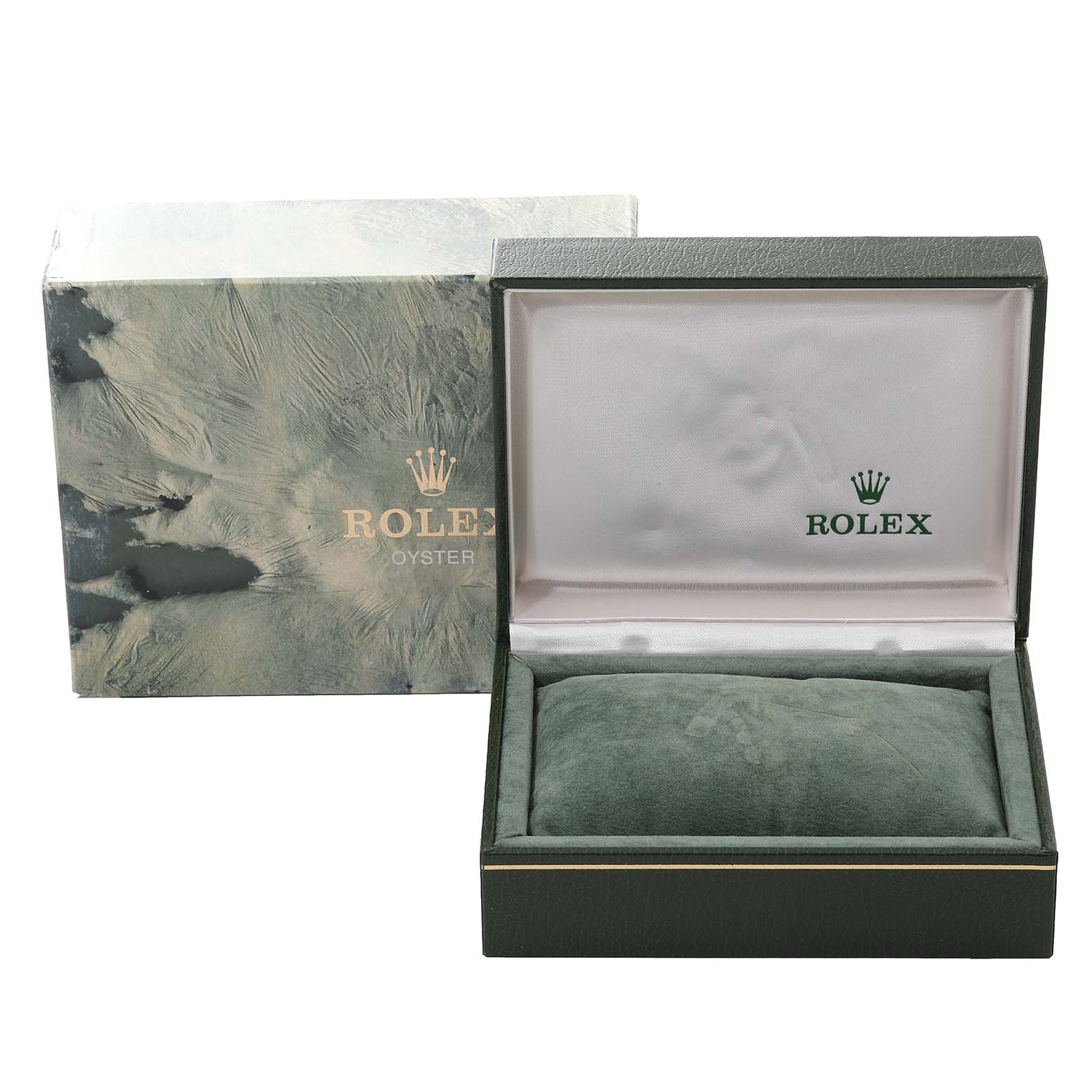 The image shows an open Rolex watch box and outer packaging for the Vintage Collection model.